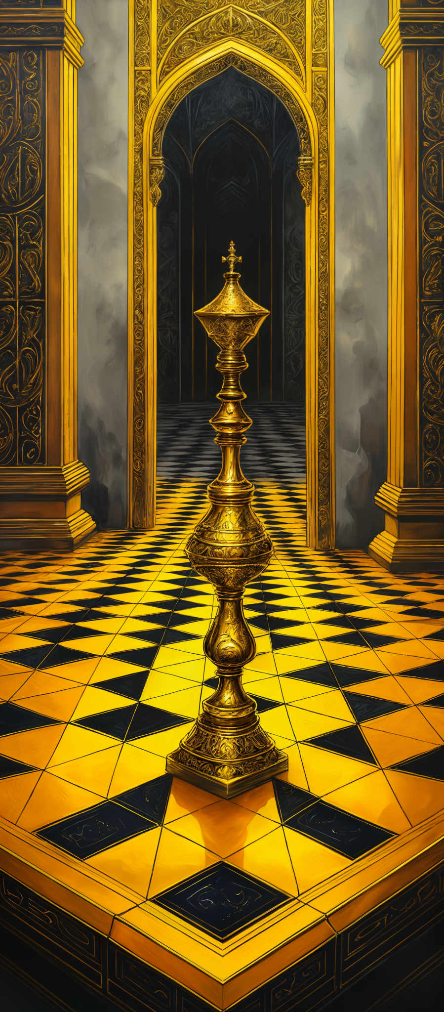 The image showcases a grand room with intricate designs. The dominant colors are gold and black, with the gold being used for the ornate arches, decorative patterns, and the base of the central object. The black is used for contrast, especially on the checkered floor. The central object is a decorative golden vase with a lid, placed on a pedestal. The room has tall columns with detailed carvings, and there's an archway in the background that leads to another room. The floor is checkered with alternating black and gold squares, and it appears to be made of tiles.