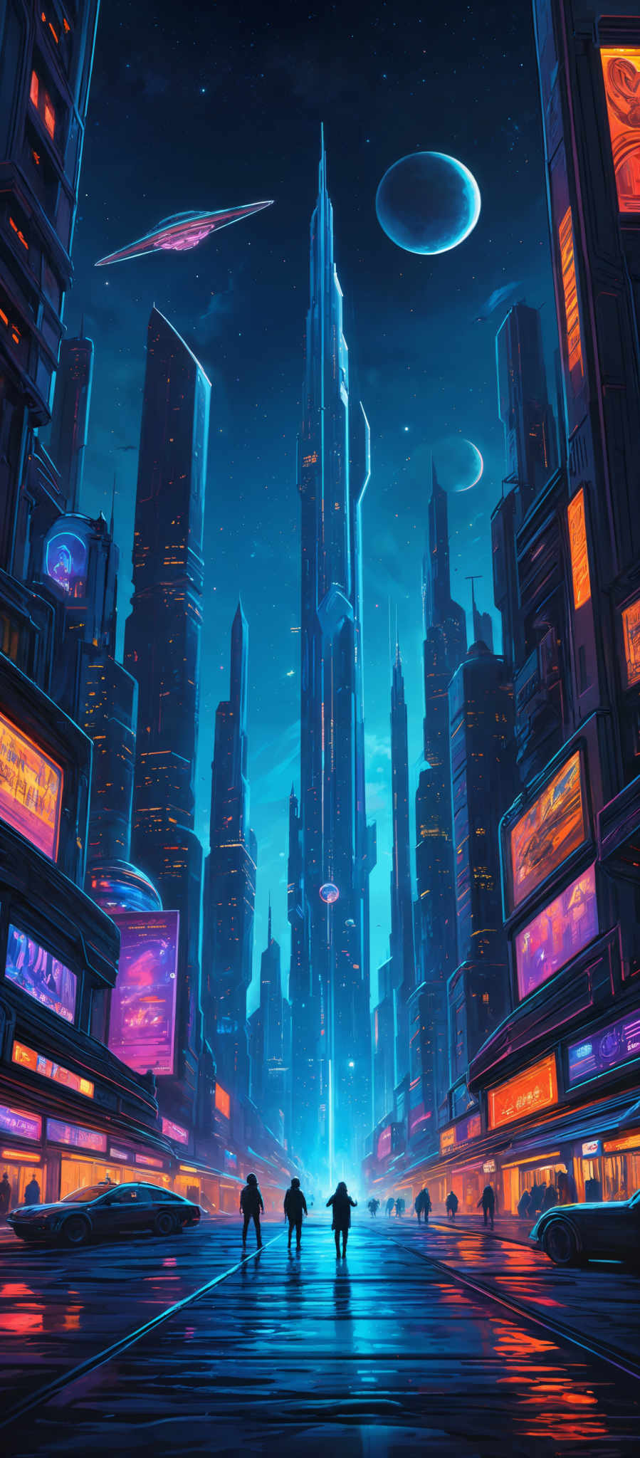 The image showcases a futuristic cityscape at night. Dominating the scene is a tall, sleek skyscraper that stands out prominently against the backdrop of other buildings. The sky is dotted with celestial bodies, including planets and stars. The city is illuminated with neon lights, casting vibrant hues of blue, purple, and orange. There are flying vehicles hovering above the ground, and the streets below are wet, reflecting the city's lights. On the streets, there are silhouettes of people walking, and a few cars can be seen parked. The overall ambiance is one of advanced technology and urban life.