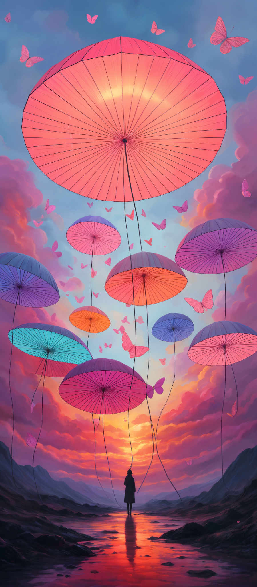 The image showcases a vibrant and surreal scene. The sky is painted in hues of pink, purple, and blue, with fluffy clouds scattered throughout. Floating above the landscape are large, colorful umbrellas in shades of pinks, purples, blues, and oranges. These umbrella-like structures are attached to thin strings that seem to anchor them to the ground. The ground itself is a reflection of the sky, with the colors mirrored perfectly. A silhouette of a person stands on the edge of a body of water, looking up at the spectacle. The person's reflection can be seen in the water. The entire scene is illuminated by the setting or rising sun, casting a warm, golden glow over everything.