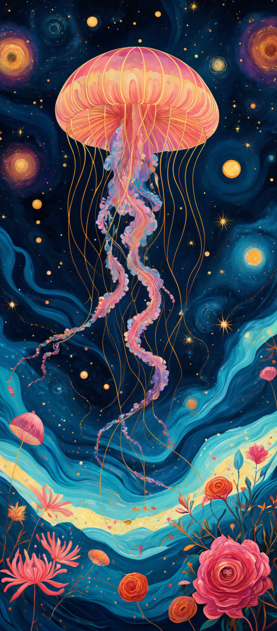 The image showcases a vibrant and mesmerizing scene. At the center, there's a large, translucent jellyfish with a pinkish hue, its tentacles trailing gracefully downwards. The background is a deep blue, reminiscent of a night sky, dotted with bright stars and swirling galaxies. The lower part of the image features a serene underwater landscape with various flowers, including roses in shades of pink and orange, floating on the surface. The entire scene is illuminated with a soft, ethereal glow, creating a dreamy and otherworldly atmosphere.