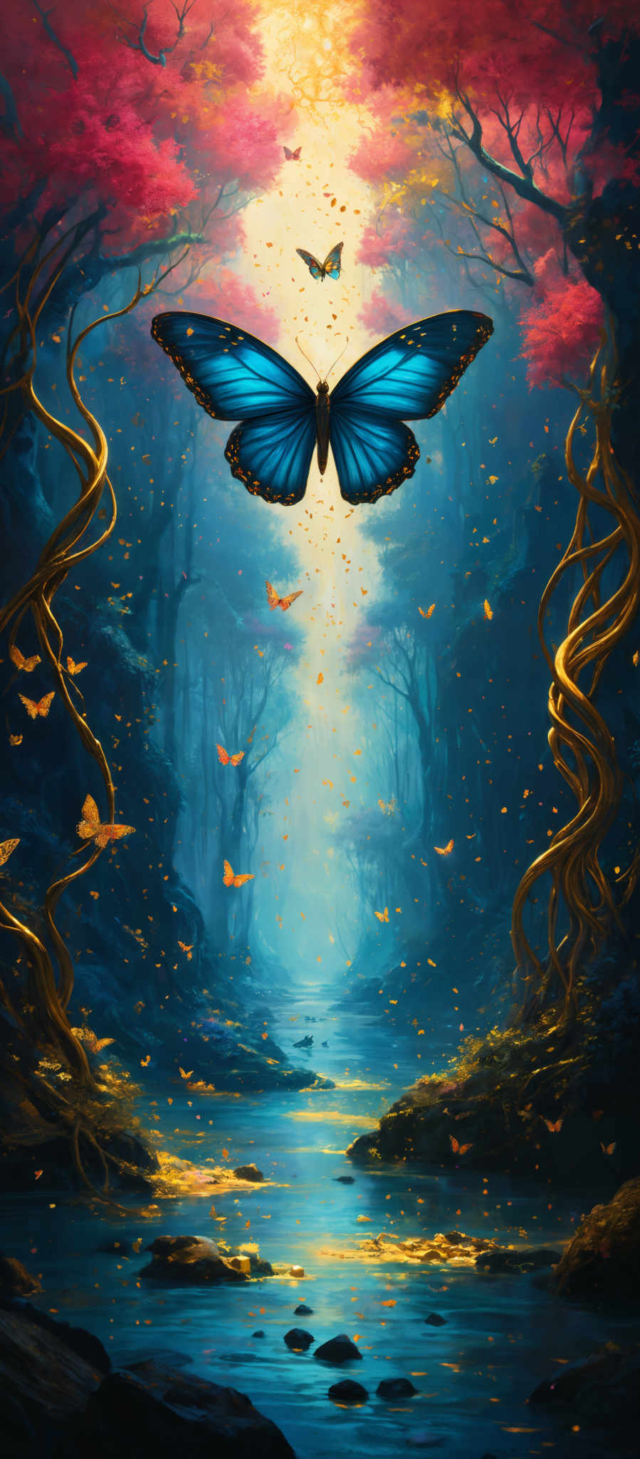 The image showcases a vibrant and mystical scene. Dominating the center is a large blue butterfly with intricate patterns on its wings. Above the butterflies, the sky is painted in shades of pink and blue, with a radiant light source emanating from the center, casting a soft glow. Below, a serene river flows, surrounded by twisted golden trees that seem to reach upwards. The trees' leaves are a mix of pinks and yellows, and they are scattered with golden butterfllies. The river's surface reflects the colors of the sky and trees, creating a dreamy atmosphere.