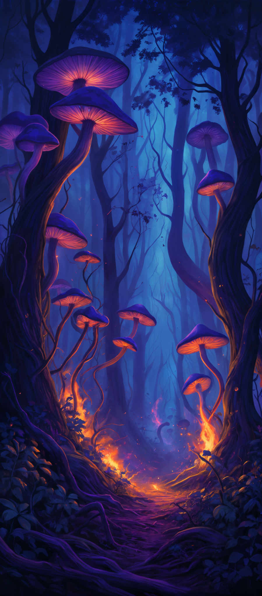 The image showcases a mystical forest with tall, twisted trees. The trees have large, oversized mushrooms growing from them, with vibrant hues of purple and orange glowing from their caps. The ground is covered in fallen leaves and small plants, and there's a sense of mist or fog that permeates the scene. The colors are predominantly deep blues and purples, with occasional bursts of fiery orange from the mushroom caps, creating a surreal and enchanting atmosphere.