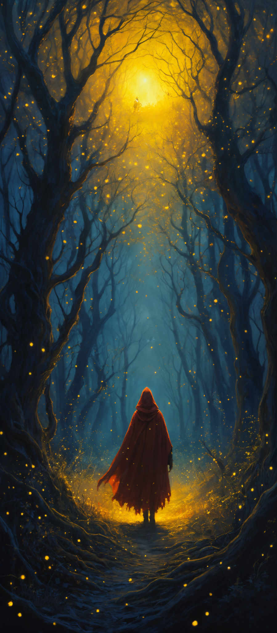 The image showcases a surreal and mystical forest scene. The dominant colors are deep blues and golden yellows. The trees have gnarled and twisted branches, creating an archway that frames the central figure. This figure is draped in a flowing red cloak, standing amidst a pathway that is illuminated with a golden light, possibly from the sun or some other ethereal source. The ground is covered with what appears to be fallen leaves or petals, and the entire atmosphere is filled with a sense of wonder and enchantment.