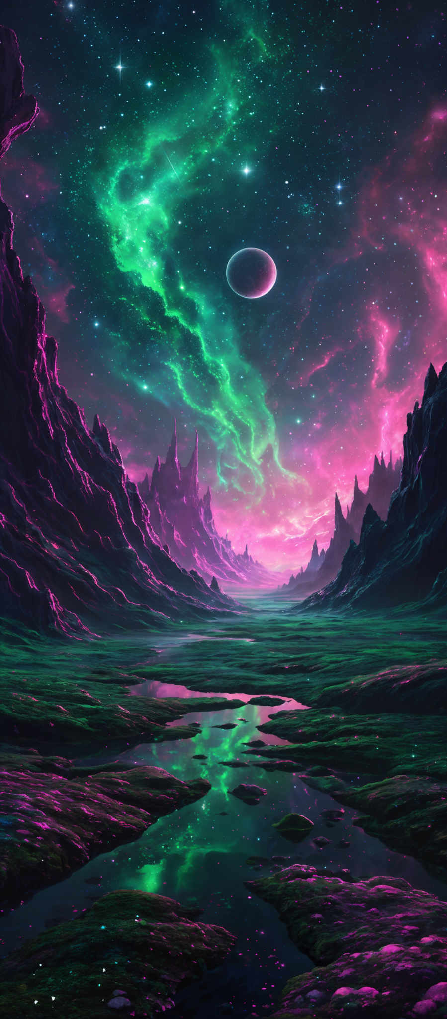 The image showcases a breathtaking celestial landscape. Dominated by vibrant hues of green, pink, and purple, the sky is a tapestry of stars, nebulae, and a large planet. The landscape below is rugged with jagged mountain peaks, and it's illuminated by a soft glow, possibly from the planet above. There are reflective pools of water scattered across the terrain, mirroring the celestrial wonders above. The overall ambiance is serene and otherworldly.