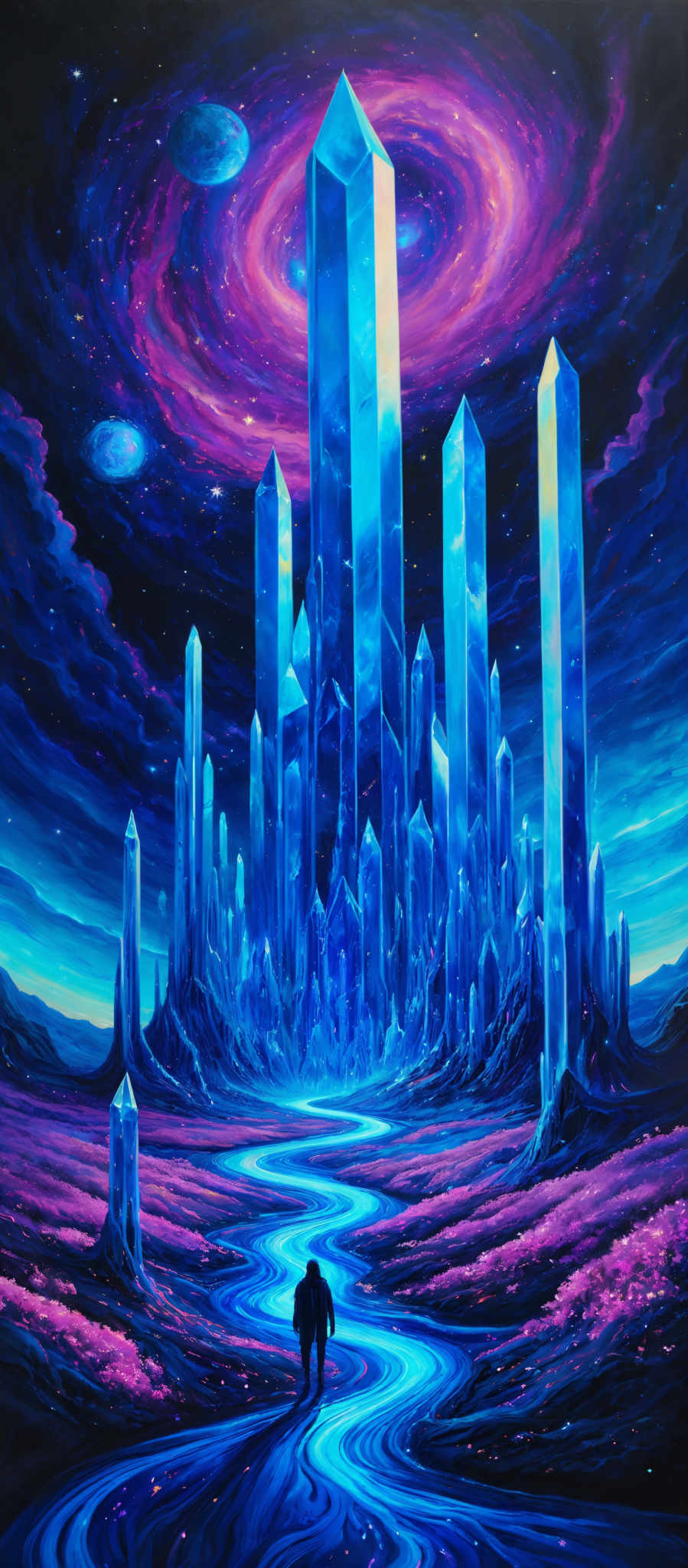 The image showcases a vibrant and surreal landscape. Dominating the scene are tall, crystalline structures that tower above the ground, reflecting hues of blue and purple. These structures seem to be made of a translucent material, allowing one to see swirling patterns and colors within them. The sky above is a mesmerizing blend of purples, blues, and pinks, with a swirled galaxy-like pattern. There are also two celestial bodies, possibly planets, visible in the sky. On the ground is a winding river or stream that reflects the colors of the sky, and it is surrounded by a landscape that appears to be covered in pinkish-purple flowers or vegetation. A lone figure stands on the riverbank, looking up at the towering crystals, adding a sense of scale