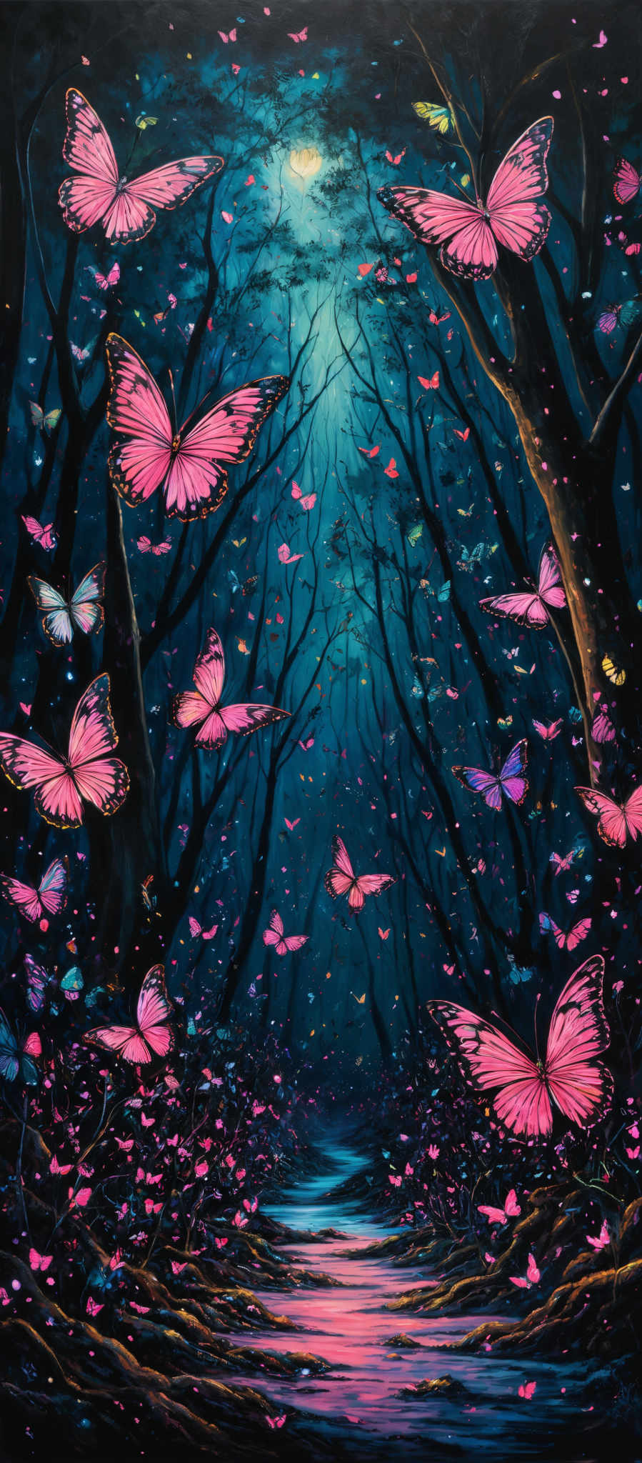 The image showcases a vibrant and mystical forest scene. Dominating the scene are numerous pink butterflies with intricate patterns on their wings. They are fluttering around a pathway that seems to be illuminated by a soft, ethereal light. The forest itself is dense with tall, slender trees whose branches stretch upwards, creating a canopy. The ground is adorned with pink flowers, and there's a gentle stream flowing through the center of the pathway. The overall color palette is dominated by shades of blue, pink, and black, creating an enchanting and dreamy atmosphere.