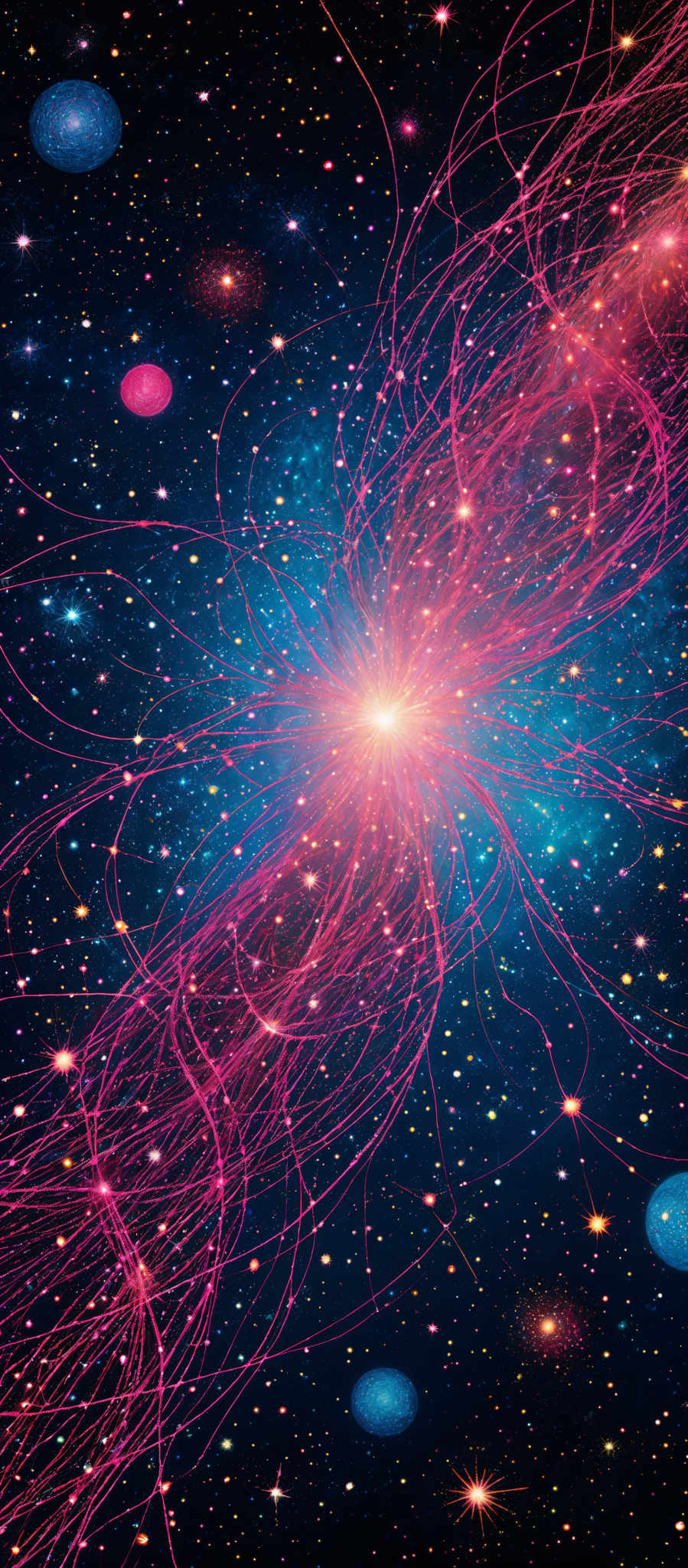 The image showcases a vibrant cosmic scene with a myriad of colors. Dominating the center is a bright, radiant burst of light, emanating a pinkish-red hue. This light source is surrounded by intricate, swirling patterns of red strings or tendrils that seem to intertwine and spread outwards. These strings are interspersed with a backdrop of deep blue space dotted with numerous twinkling stars. Some of these stars are larger and more luminous, while others are smaller and less bright. The overall impression is one of a dynamic and energetic universe, filled with movement and life.