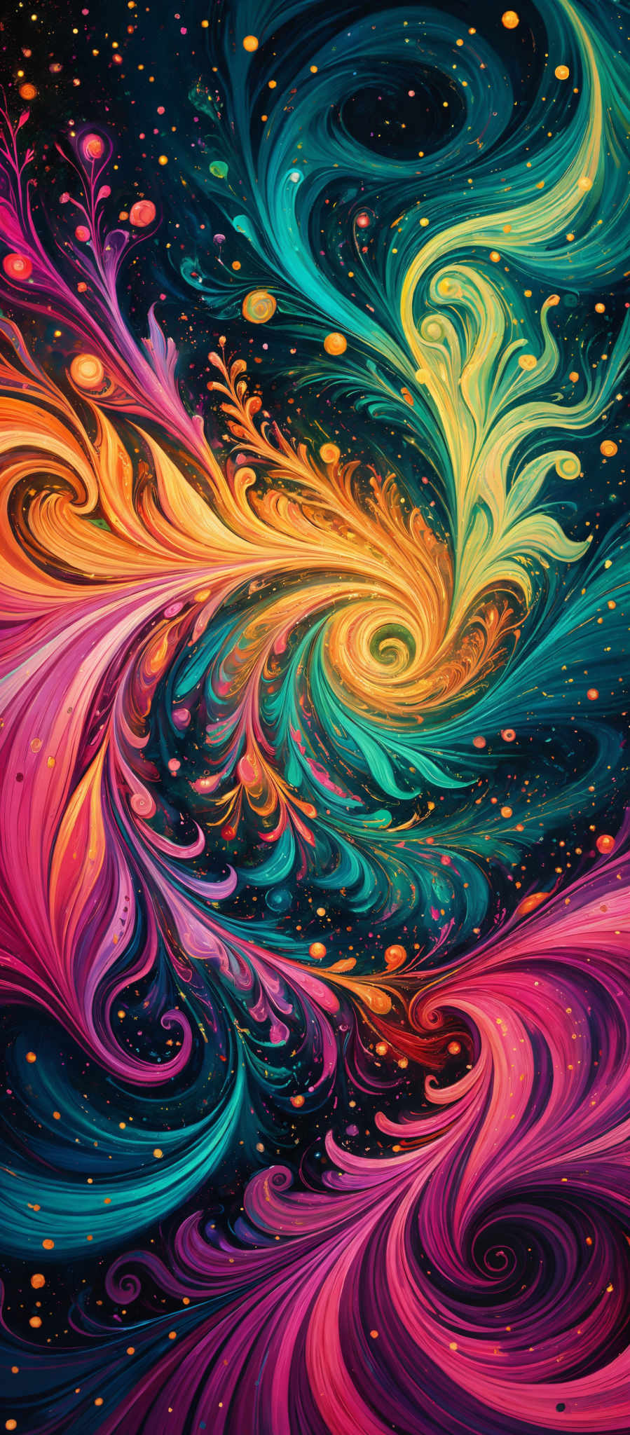 The image showcases a vibrant and intricate swirl of colors. The dominant colors include deep blues, fiery oranges, and radiant yellows. The shapes are fluid and organic, resembling swirling patterns and tendrils that seem to be intertwining and interplaying with each other. The background is dark, possibly representing a night sky, and is speckled with small, glowing dots, adding to the ethereal feel of the artwork.