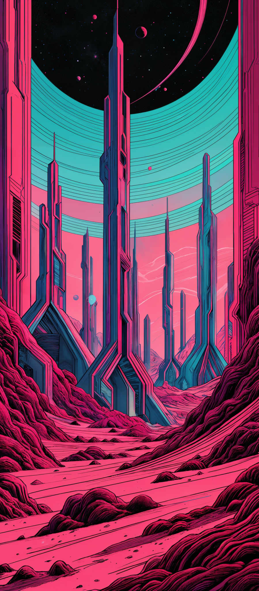 The image showcases a vibrant and futuristic landscape. Dominating the scene are tall, sleek skyscrapers that reach into the sky, with intricate designs and patterns. The color palette is dominated by shades of pink, blue, and turquoise, creating a surreal and otherworldly atmosphere. Above the buildings, there's a vast expanse of space filled with stars, planets, and a large ring-like structure. The foreground features undulating, wavy terrains with a mix of smooth and rough textures, suggesting a barren or alien landscape.