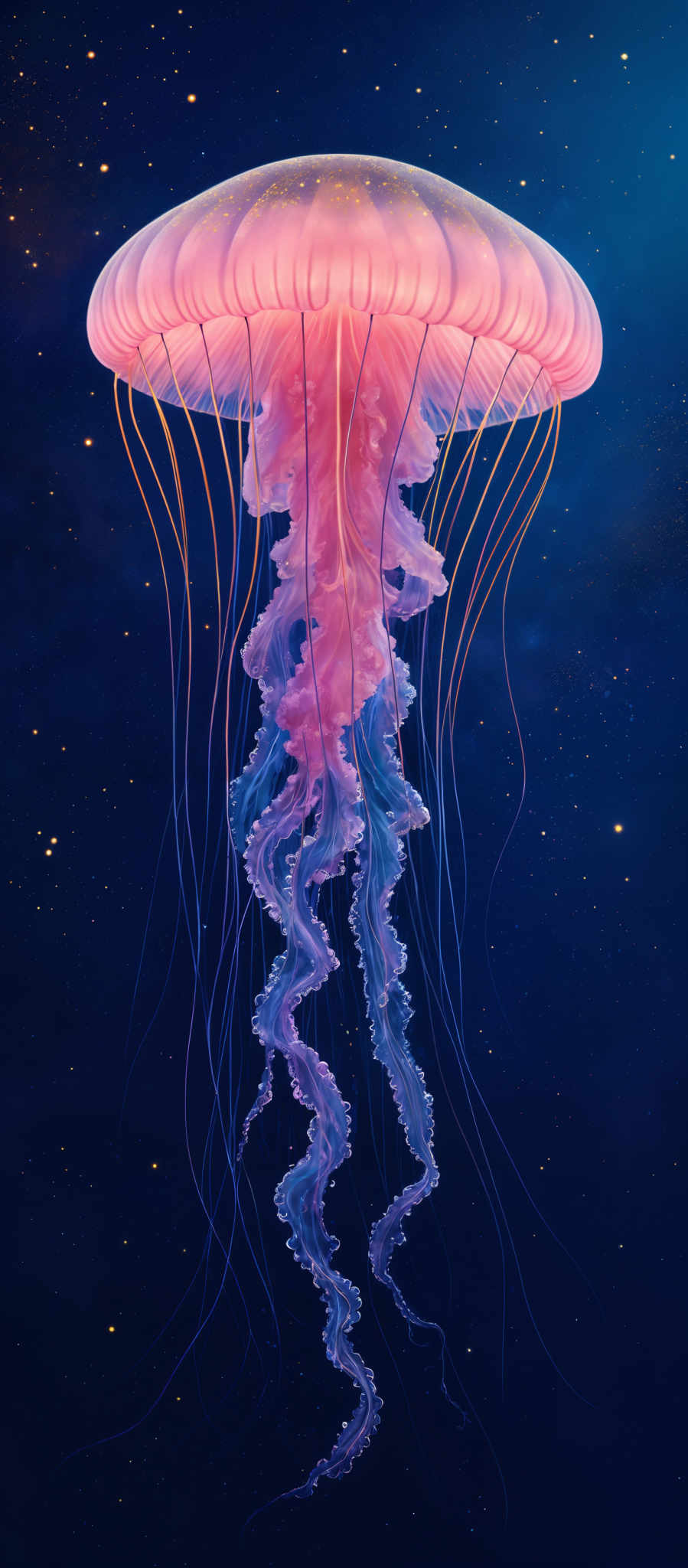 The image showcases a vibrant and mesmerizing depiction of a jellyfish. The jelly fish has a translucent, almost ethereal pinkish-red hue with intricate patterns and designs on its bell. The tentacles are long, delicate, and have a gradient of colors ranging from deep purple to a lighter lavender. The background is a deep blue, dotted with numerous small, bright white stars, giving the impression of a starry night sky.