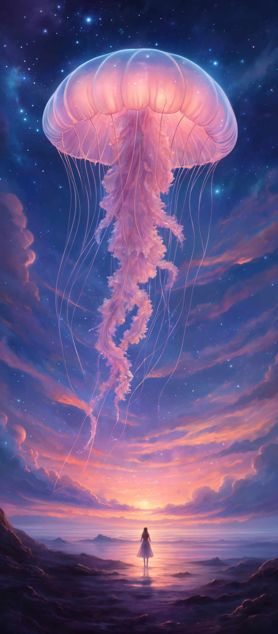 The image showcases a large, translucent jellyfish floating in the sky, illuminated by a soft pinkish glow. The jelly fish has delicate, long tentacles that flow downwards. Below the jellyfish, there's a silhouette of a person standing on a rocky shore, gazing up at the spectacle. The background displays a vivid sunset with hues of orange, pink, and purple, contrasted against a deep blue night sky sprinkled with stars.