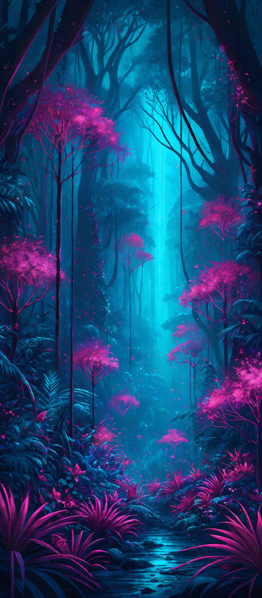 The image showcases a vibrant and mystical forest scene. The dominant colors are shades of blue, pink, and purple. The trees have a tall and slender shape, with their branches reaching out in various directions. The ground is covered with lush vegetation, including ferns and other plants, and there's a serene water stream flowing through the forest. The atmosphere is enhanced by the presence of glowing orbs and a soft light that filters through the trees, creating an ethereal ambiance.