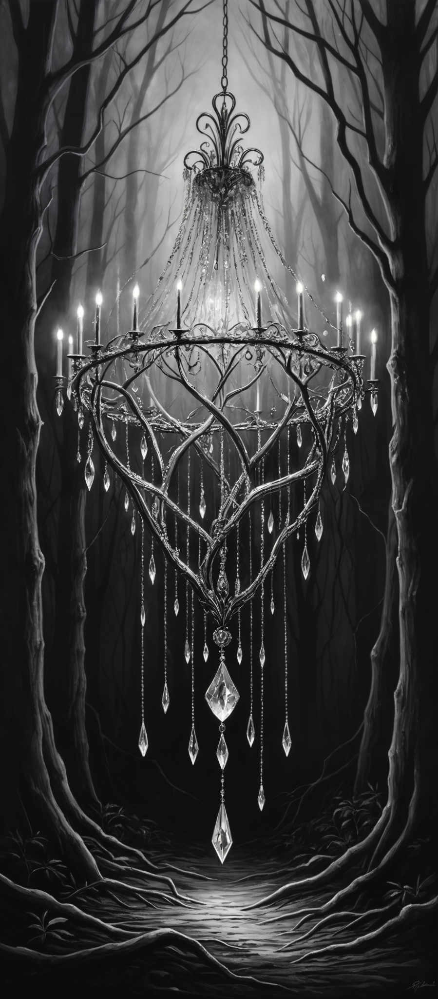 The image predominantly features monochromatic shades of black, white, and gray. The central focus is a grand chandelier, intricately designed with branches that form its structure. The chandolier is adorned with multiple candles that are lit, casting a soft glow. Below the chandlerier, there are crystal-like droplets hanging, reflecting the light. The background showcases a dark, eerie forest with twisted trees, creating a mysterious and enchanting atmosphere.