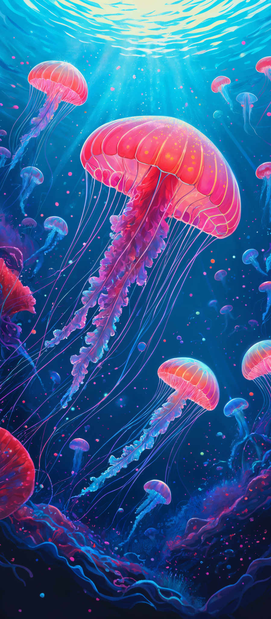 The image showcases a vibrant underwater scene dominated by luminescent jellyfish. The jelly fish have a translucent, almost ethereal quality with hues of pink, purple, and blue. They float gracefully with elongated tentacles that glow in the same colors. The background is a deep blue, representing the vastness of the ocean, and is dotted with small, colorful particles that add to the dreamy ambiance. Sunlight filters through the water, creating a shimmering effect on the jellyfis and the ocean floor.