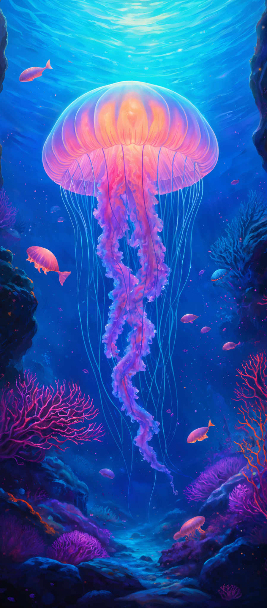 The image showcases a vibrant underwater scene. Dominating the center is a large, translucent jellyfish with an umbrella-like shape, radiating a warm, orange glow from its underside. Its tentacles flow gracefully downward, intertwined with a cascade of luminescent, pinkish-purple tendrils. Surrounding the jelly are various marine creatures, including small fish and corals, all rendered in hues of blue, purple, and orange. The backdrop is a deep blue ocean, with light filtering from above, creating a mesmerizing play of light and shadow on the seabed.