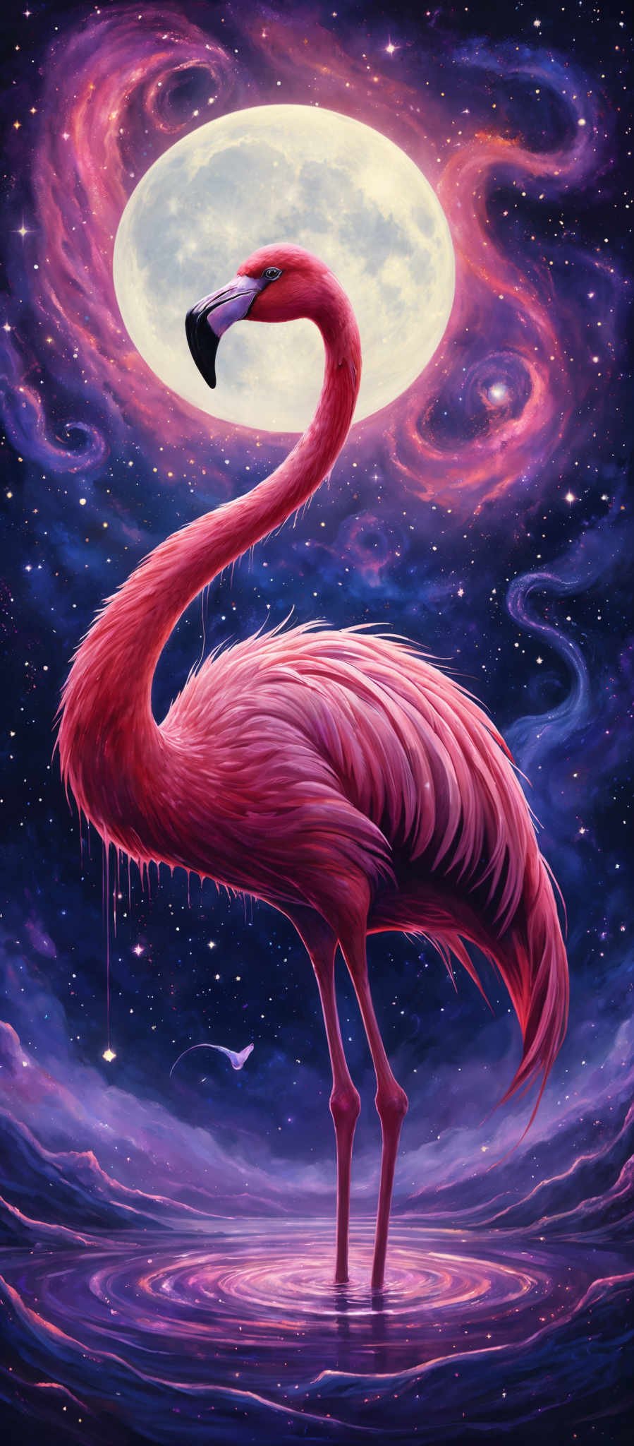 The image showcases a vibrant and surreal scene. The dominant color palette consists of deep purples, blues, and pinks, creating a cosmic ambiance. The central figure is a flamingo, standing gracefully with its neck curved. The flamingos feathers are depicted in rich shades of pink, and its beak is black. Behind the flamingosa, there's a large, luminous moon or celestial body, surrounded by swirling nebulae and stars. The water below reflects the colors of the sky, creating an ethereal effect. There are also small, glowing objects that resemble fireflies or stars scattered throughout the image, adding to the dreamlike quality.