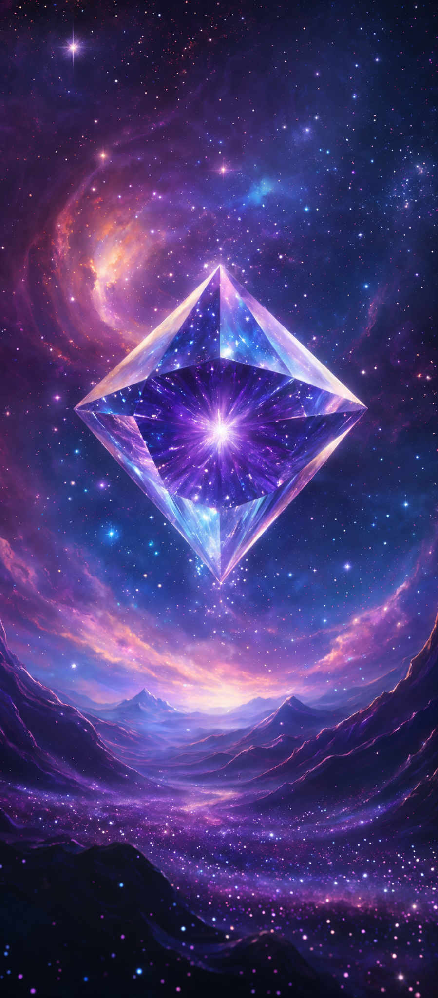 The image showcases a cosmic scene with a vast expanse of space filled with stars, nebulae, and galaxies. Dominating the center is a large, prism-like crystal that appears to be floating or suspended in space. This crystal is tilted diagonally and has a reflective surface that mirrors the vibrant colors of the surrounding cosmos. Inside the crystal, there's a radiant, glowing center, possibly representing a star or a celestial body. The landscape below the crystals is a mix of mountains and valleys, bathed in the ethereal light of the cosmos, giving the impression of a surreal, otherworldly landscape.