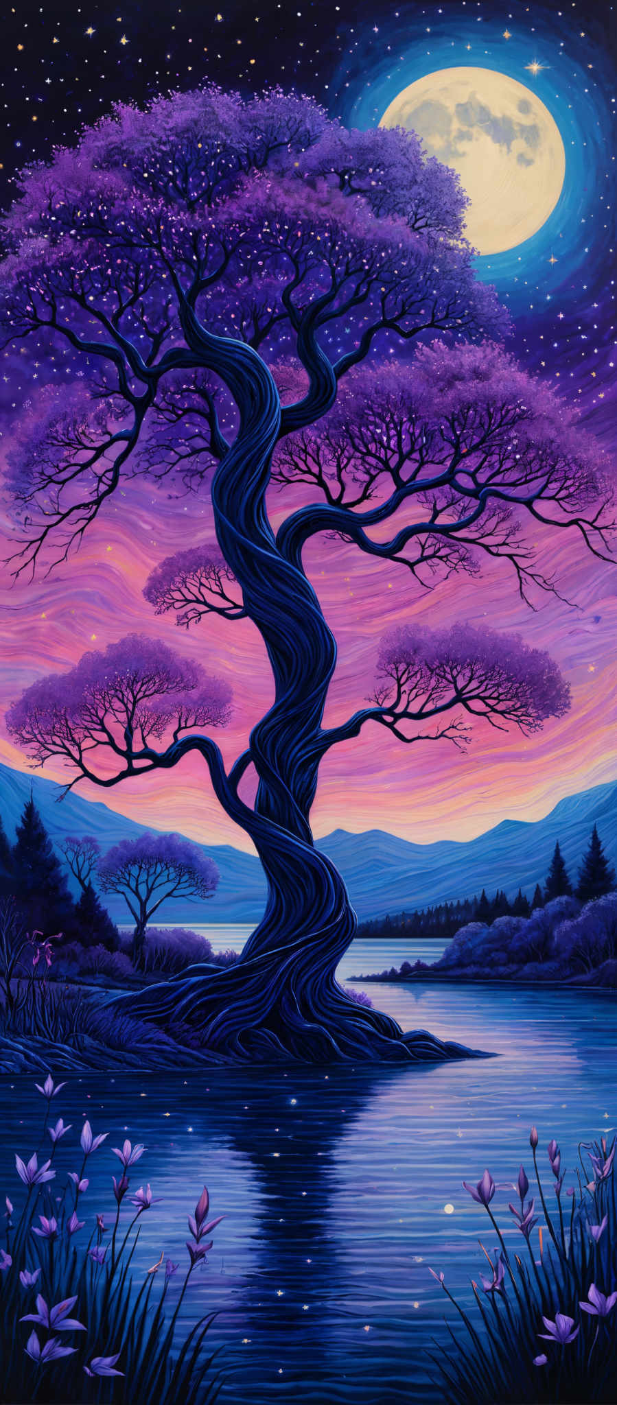 The image showcases a vibrant and surreal landscape. The dominant colors are shades of purple, blue, and pink. The central feature is a twisted, sprawling tree with purple blossoms. Above the tree, there's a large, glowing moon set against a starry night sky. The horizon displays a gradient of colors, transitioning from deep purple to a soft pink, and then to a serene blue. In the foreground, there are calm waters reflecting the tree and the sky. On the banks of the water, there is a silhouette of a figure, possibly gazing at the tree. The overall ambiance is mystical and dreamy.