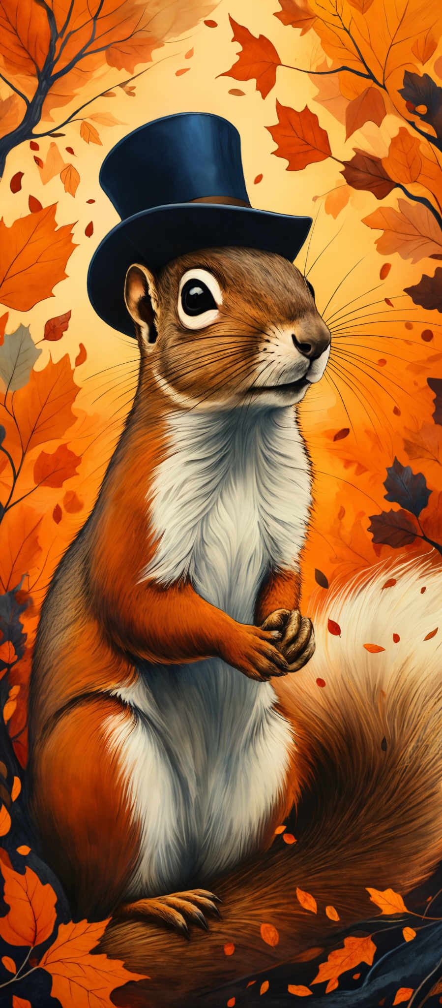 The image showcases a squirrel surrounded by autumn leaves. The squirrell is depicted with a rich brown fur, a white underbelly, and a bushy tail. It is wearing a stylish blue top hat. The background is filled with vibrant orange and red autumnal leaves, creating a warm and festive atmosphere. The leaves are depicted in various shapes, with some resembling maple leaves and others having a more abstract form.