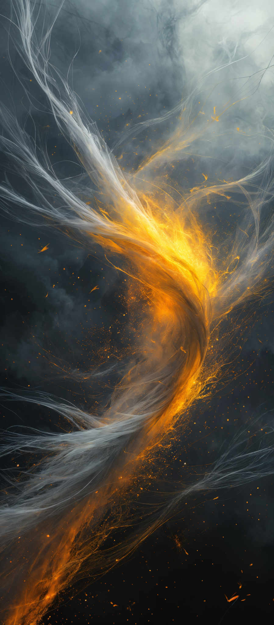 The image showcases a vibrant interplay of colors. Dominantly, there are shades of deep blue and gray, representing a stormy or tumultuous atmosphere. Amidst this, there's a swirling pattern of golden-yellow and orange, reminiscent of fiery energy or a nebula. This fiery pattern seems to be intertwined with the cooler tones, creating a dynamic contrast. The overall shape is fluid and organic, with the fiery patterns resembling swirled smoke or energy currents.