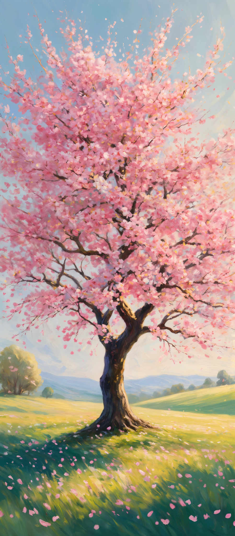 The image showcases a vibrant and lively landscape. Dominating the scene is a large, solitary tree with a twisted trunk and sprawling branches. The tree is in full bloom, covered in pink blossoms that seem to be gently swaying in the breeze. The ground is carpeted with fallen petals, and the grass beneath is a lush green. In the distance, there are hints of other trees and a serene blue sky. The overall mood of the image is one of tranquility and beauty.