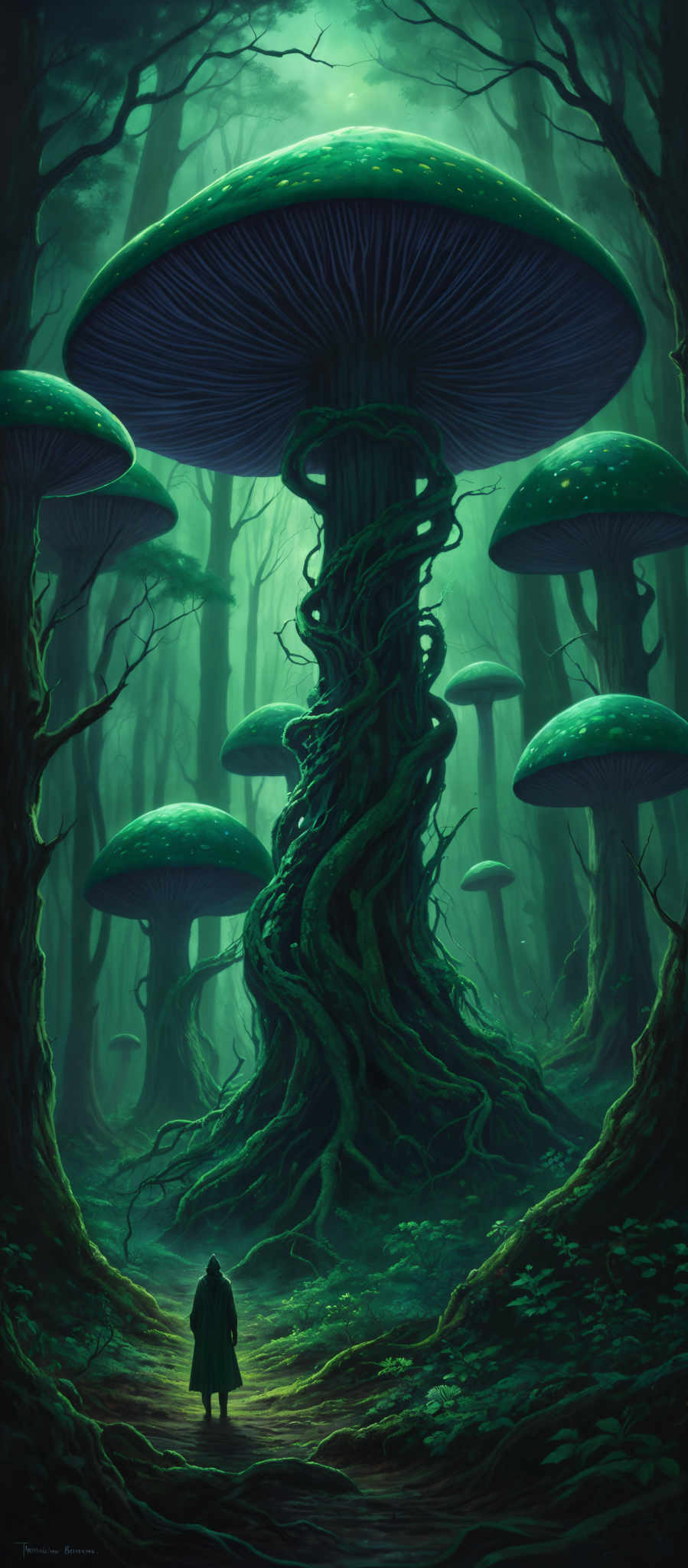 The image showcases a mystical forest with towering mushrooms. The mushroom caps are vibrant green with a darker underside, adorned with small spots that resemble eyes. The stems of these mushromes are intertwined, forming a complex web-like structure. The forest itself is enveloped in a greenish haze, giving it an ethereal and dreamy ambiance. There's a lone figure, possibly a traveler or explorer, standing at the base of one of the mushrooms, gazing upwards. The ground is covered with fallen leaves, ferns, and moss, and the trees surrounding the scene have bare branches, suggesting it might be autumn or winter.