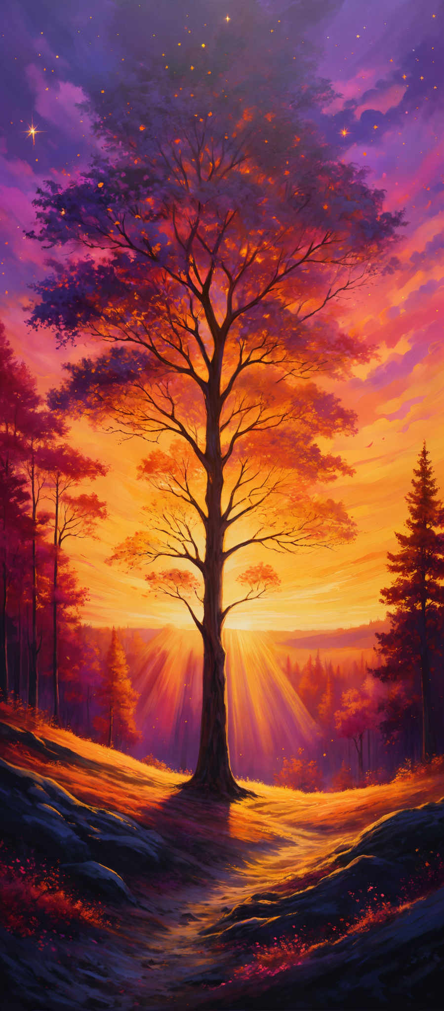 The image showcases a vibrant and colorful landscape during what appears to be sunset or sunrise. Dominating the scene is a large tree with a sprawling canopy, its leaves glowing in hues of orange, red, and purple. The sky is painted in shades of purple, pink, and orange, with a few twinkling stars visible. The sun's rays pierce through the tree, casting a golden hue on the ground below. The landscape is dotted with other trees, and there's a winding path leading towards the horizon. The overall ambiance of the image is serene and magical.