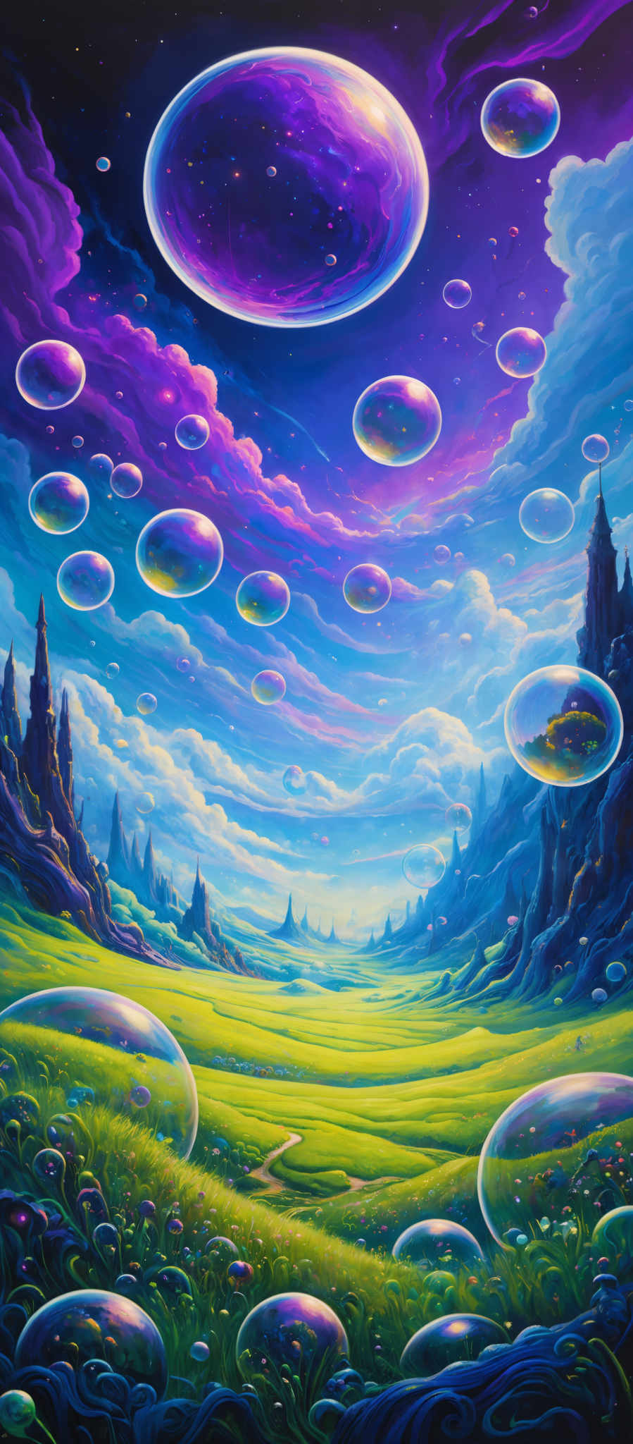 The image showcases a vibrant and surreal landscape. The sky is dominated by large, translucent, and multi-colored orbs, with hues of purple, blue, and pink. These orbs seem to float above a lush, green meadow that stretches out to the horizon. The meadow is dotted with smaller, glowing orbs and is bordered by rocky formations and towering spires. The entire scene is illuminated by a radiant light, giving the landscape a dreamy and ethereal quality.