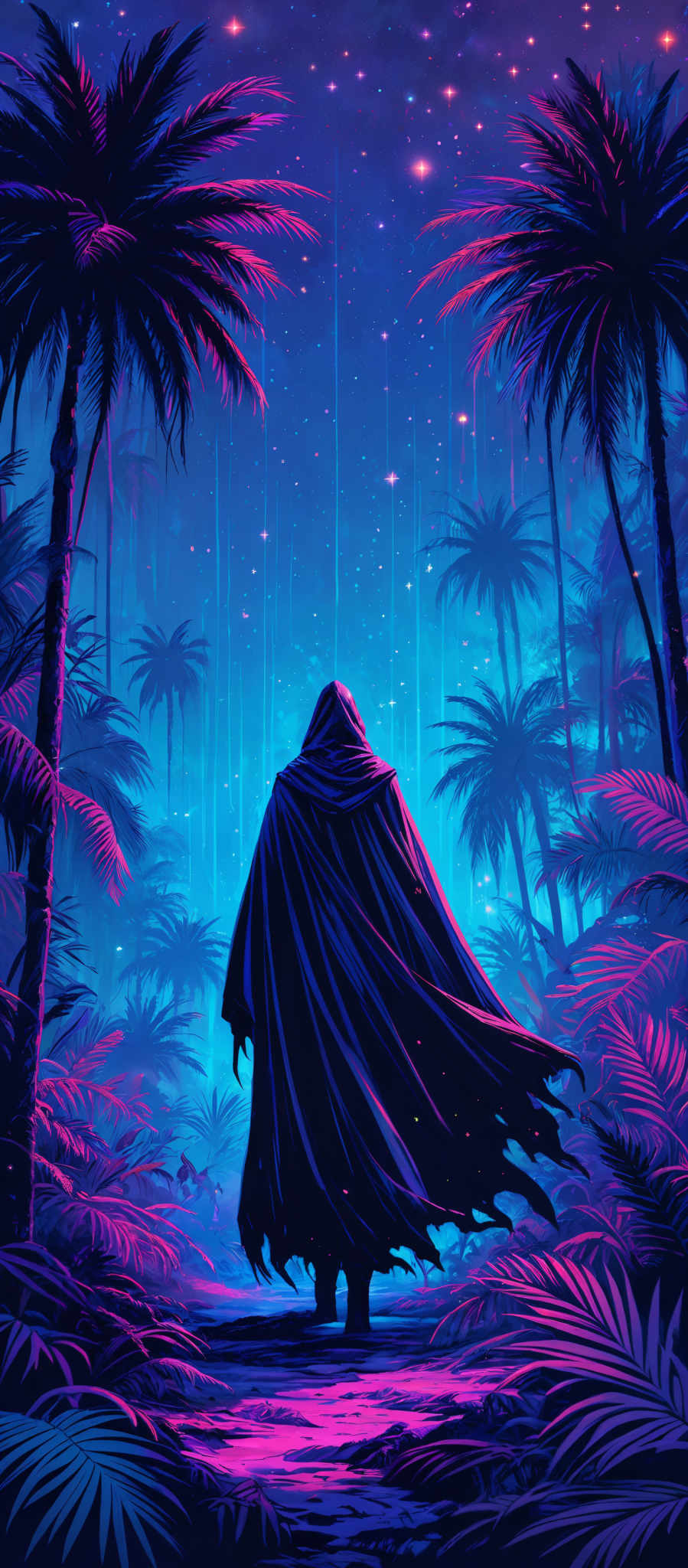 The image predominantly features vibrant shades of blue and purple, creating a surreal and mystical atmosphere. The central figure, draped in a cloak, stands with their back to the viewer, facing a radiant blue sky filled with stars. The silhouette of tall palm trees frames the scene on both sides, their fronds illuminated in a neon pink hue. The ground is covered in a reflective surface, possibly water, that mirrors the colors and the celestial display above.