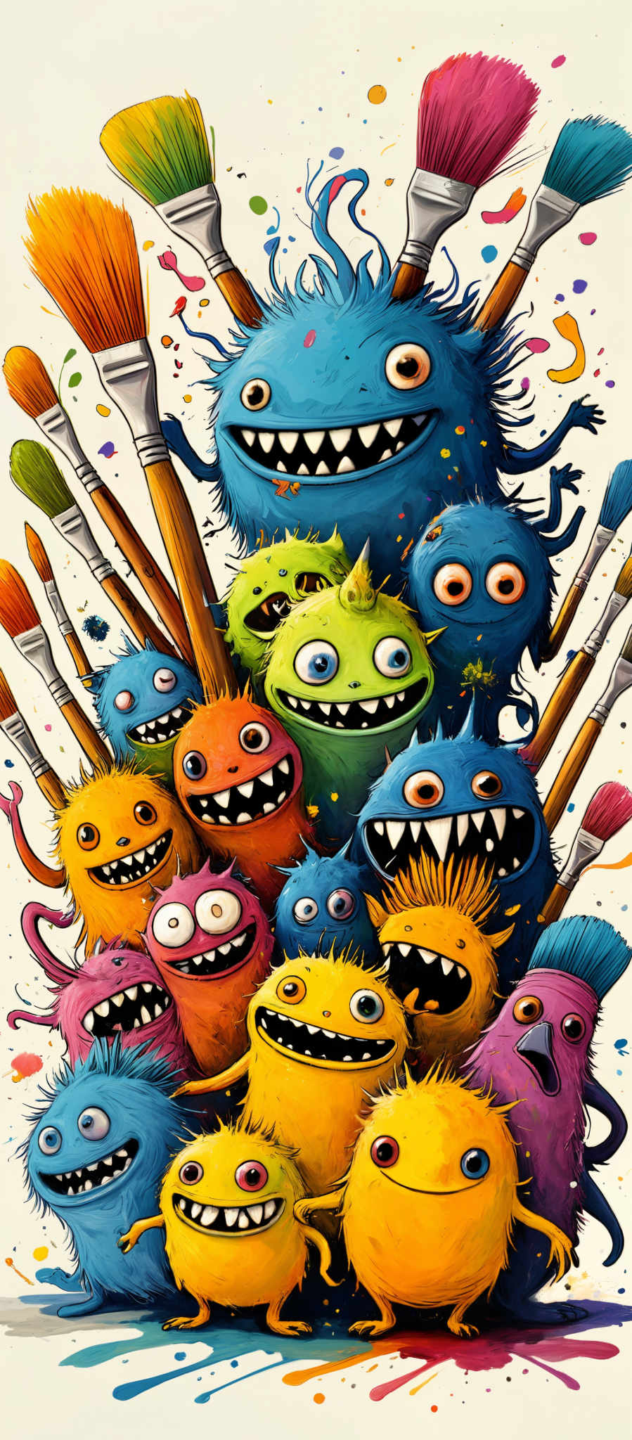 The image showcases a group of colorful, animated creatures that resemble monsters or aliens. They have a variety of shapes and expressions, ranging from wide-eyed and surprised to joyful and mischievous. The creatures are predominantly blue, green, yellow, and purple. They are surrounded by paintbrushes of different sizes and colors, indicating that they might be associated with art or creativity. The background is splashed with paint splatters, further emphasizing the artistic theme.