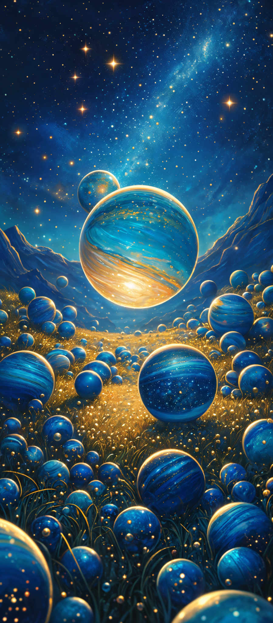 The image showcases a vibrant and mesmerizing cosmic scene. The dominant colors are deep blues and golden yellows. The celestial bodies in the image are spherical, with varying sizes and patterns. The largest celestium, resembling a planet, has swirling patterns of blue and gold. Surrounding this are numerous smaller spheres, possibly representing planets or moons, with similar patterns. These celestrial bodies are set against a backdrop of a starry night sky with a prominent galaxy or nebula. The ground appears to be a field of golden grass or hay, illuminated by the light from the celesties above.