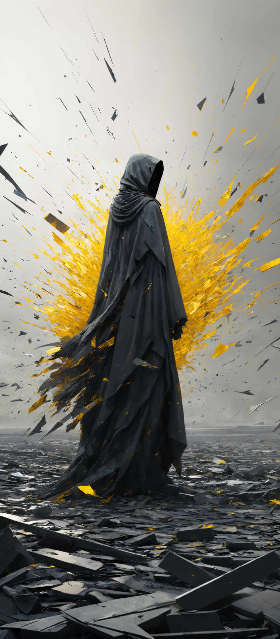 The image showcases a figure draped in a dark cloak with a hood, standing amidst a chaotic backdrop. The figure appears to be releasing or being surrounded by a burst of bright yellow energy or shards. The ground is fragmented with sharp, jagged pieces, and the sky above is overcast, adding to the dramatic and intense atmosphere of the scene.