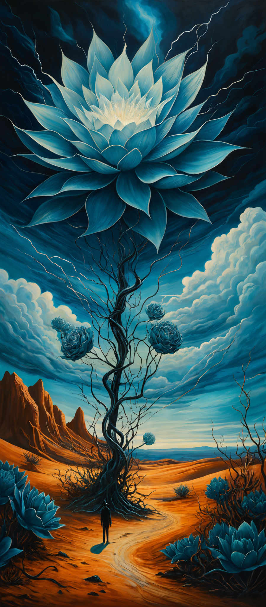 The image showcases a surreal landscape dominated by a large, intricate blue flower at the center. This flower is surrounded by smaller blue flowers and is connected to a twisted, dark tree-like structure. The sky above is a mix of deep blues and whites, with swirling clouds and hints of lightning. The ground is a vibrant orange, reminiscent of a desert, and is dotted with smaller blue floral formations. A lone figure stands on a pathway, gazing up at the magnificent flower, adding a sense of scale and wonder to the scene.