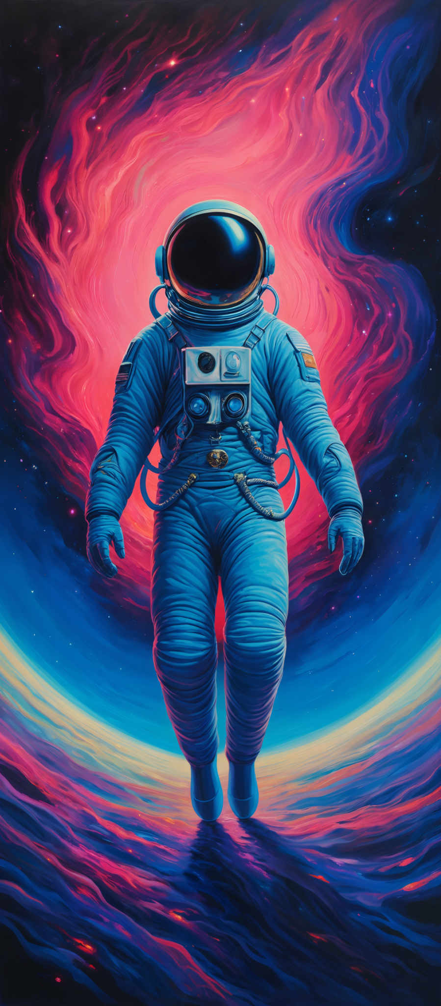 The image showcases a vibrant cosmic scene with swirling nebulae in hues of pink, purple, and blue. Dominating the foreground is an astronaut in a blue spacesuit, floating against the backdrop of the cosmos. The astronaut's suit is detailed with various equipment and patches, and the helmet reflects the surrounding colors. The vastness of space is emphasized by the deep blackness of the void and the distant stars.