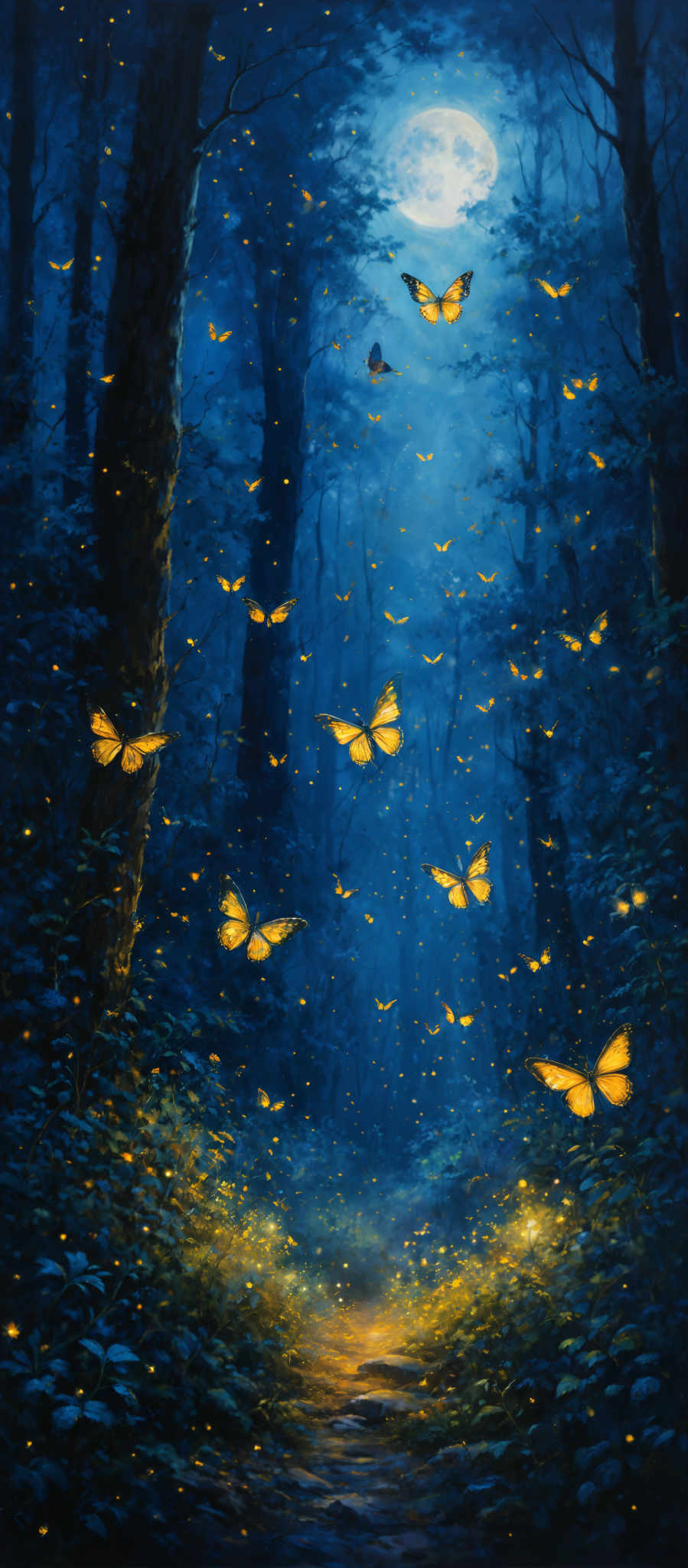 The image showcases a serene nighttime forest scene. The dominant colors are shades of blue, representing the night sky and the shadows of the trees, contrasted with the bright yellow of the glowing butterflies and the golden specks that resemble fireflies. The butterfly shapes are symmetrical with prominent wings, and they are seen fluttering around, illuminated by a soft light. The forest floor is covered with foliage, and there's a faint pathway leading into the distance, surrounded by the luminous glow of the butterflights and the moonlight.