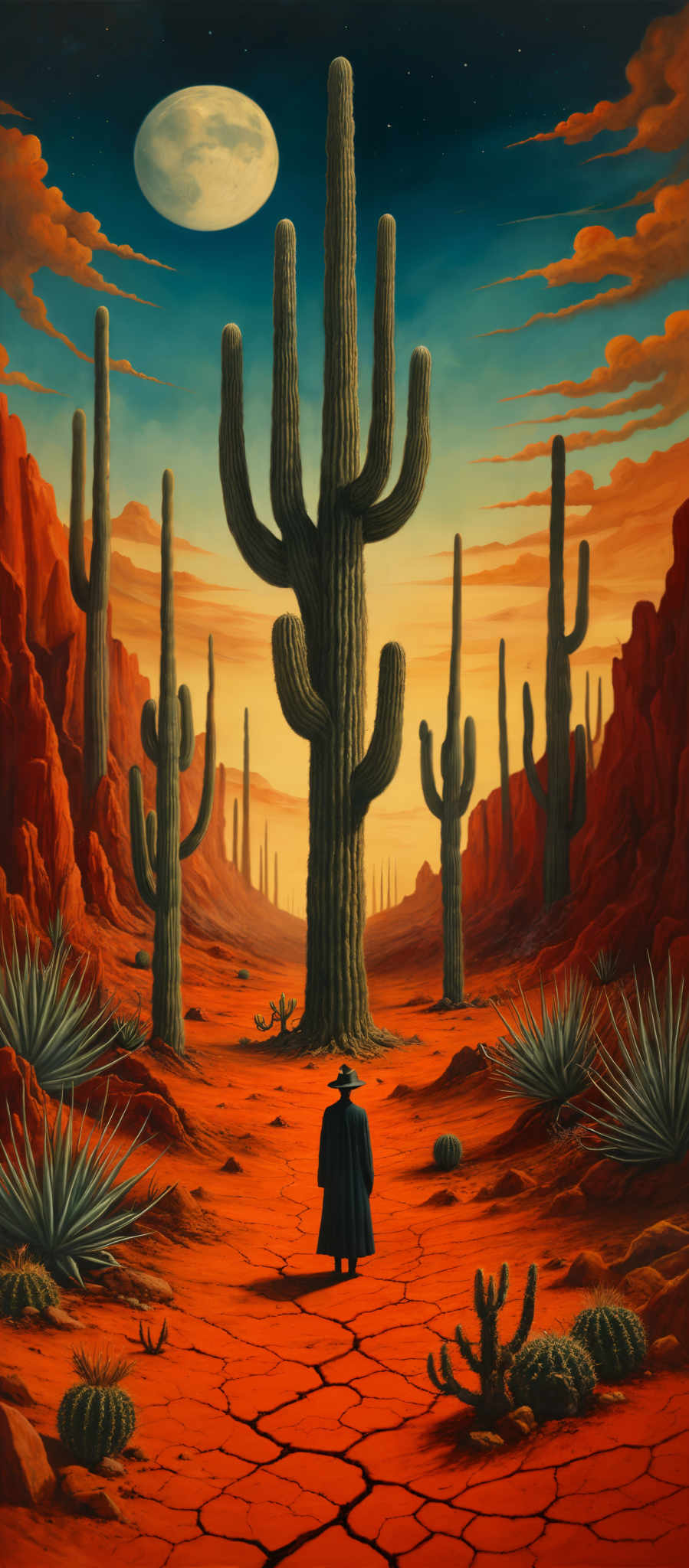 The image showcases a vibrant desert landscape during what appears to be sunset or sunrise. The dominant colors are deep reds, oranges, and blues. The sky is painted with hues of blue and orange, with a large, almost surreal moon hovering above. The ground is cracked, indicating dryness, and is covered with various desert plants, including tall cacti and succulents. In the foreground, there's a lone figure, possibly a traveler or explorer, wearing a hat and long coat, walking towards the viewer. The figure's presence adds a sense of scale and mystery to the vastness of the desert.