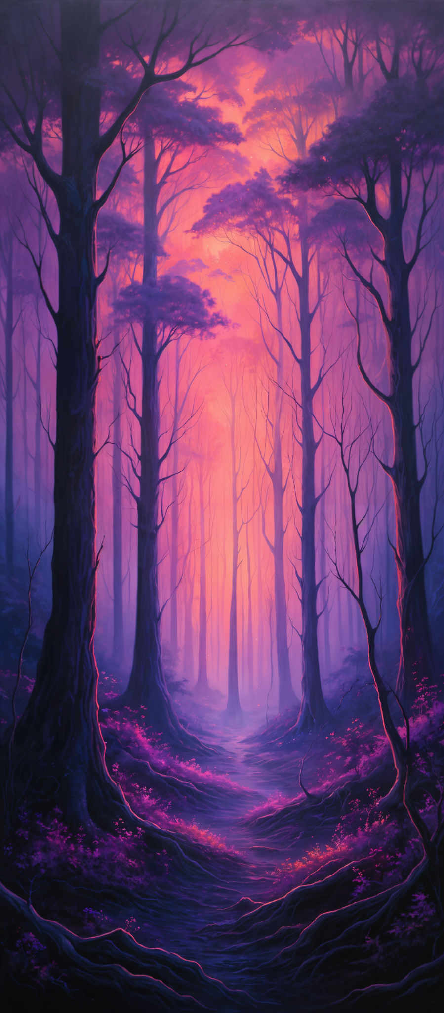 The image showcases a vibrant and surreal forest scene. The dominant colors are shades of purple, pink, and orange, creating a dreamy and ethereal ambiance. The trees are tall and slender, with their branches reaching out in various directions. The ground is covered with a mix of purplish-pink flowers and dark, twisted roots. A soft mist or fog permeates the forest, adding to the mysterious atmosphere. The background reveals a bright, fiery horizon, suggesting either a sunrise or sunset.