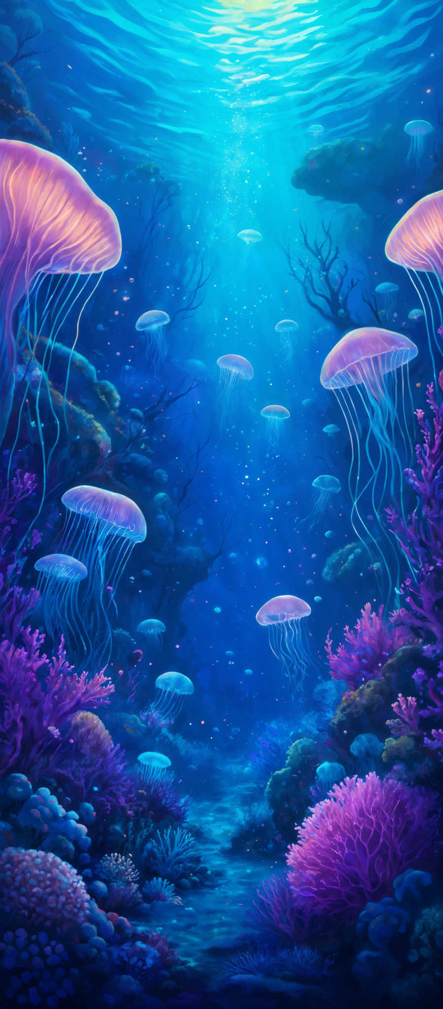 The image showcases a vibrant underwater scene. The dominant colors are various shades of blue, representing the vastness of the ocean, and purples and pinks, representing underwater flora and fauna. The shape of the image is reminiscent of a deep-sea environment, with jellyfish floating gracefully in the water, surrounded by coral reefs and other marine plants. The light source, possibly the sun, is filtering down from the top, creating a shimmering effect on the water's surface.