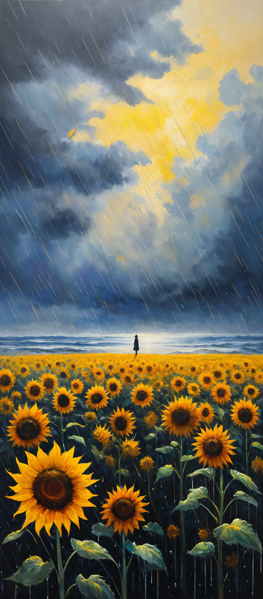 The image showcases a vast field of sunflowers under a dramatic sky. The sunflower heads are bright yellow with dark brown centers, and their green leaves are prominently displayed. The sky is a mix of dark blue and gray, with streaks of rain falling. There's a silhouette of a person standing in the distance, looking towards the horizon. The overall mood of the image is a blend of serenity from the sunflowERS and melancholy from the stormy sky.