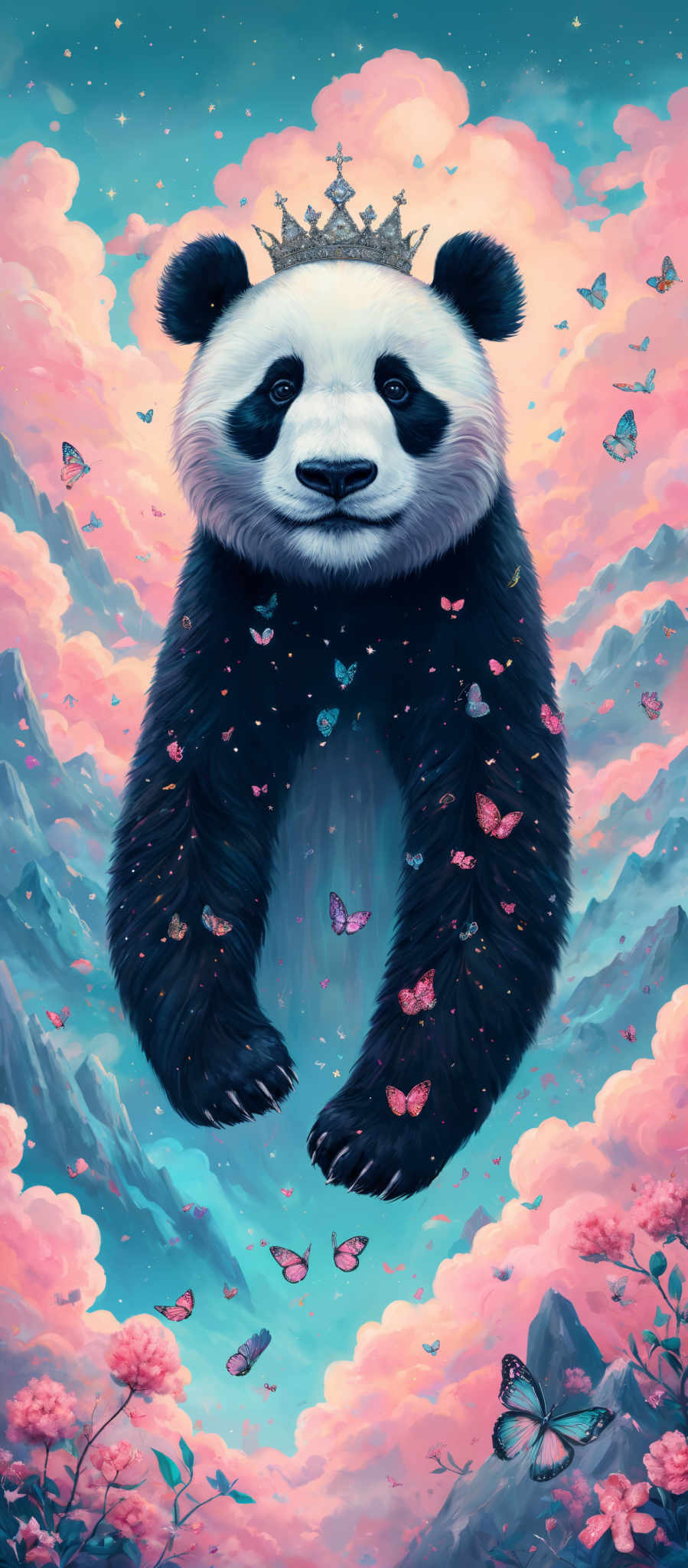 The image showcases a large panda bear with a crown on its head. The panda is set against a backdrop of vibrant pink and blue clouds, with a mountain range visible in the distance. The sky is dotted with stars, and there are numerous colorful butterflies fluttering around the panda. The bear itself is black and white, with the white being on its face and the black on its body. The crown on the pandas head is ornate, with intricate designs.