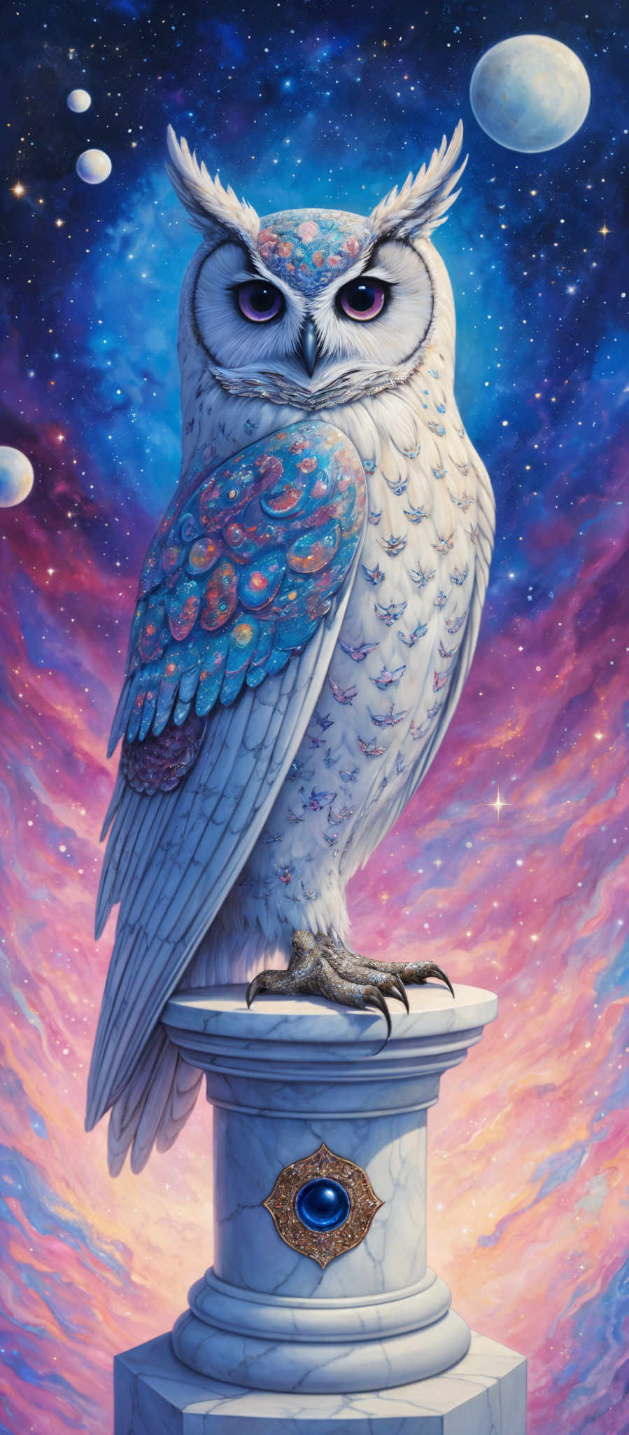 The image showcases a majestic owl with intricate feather patterns. The owl is predominantly white with shades of blue and pink on its wings. Its eyes are deep purple, and it has a regal posture, standing tall on a pedestal. The pedestals are adorned with a golden emblem featuring a blue gemstone. The background is a vibrant blend of blues, purples, and pinks, resembling a cosmic or celestial setting with stars and planets.