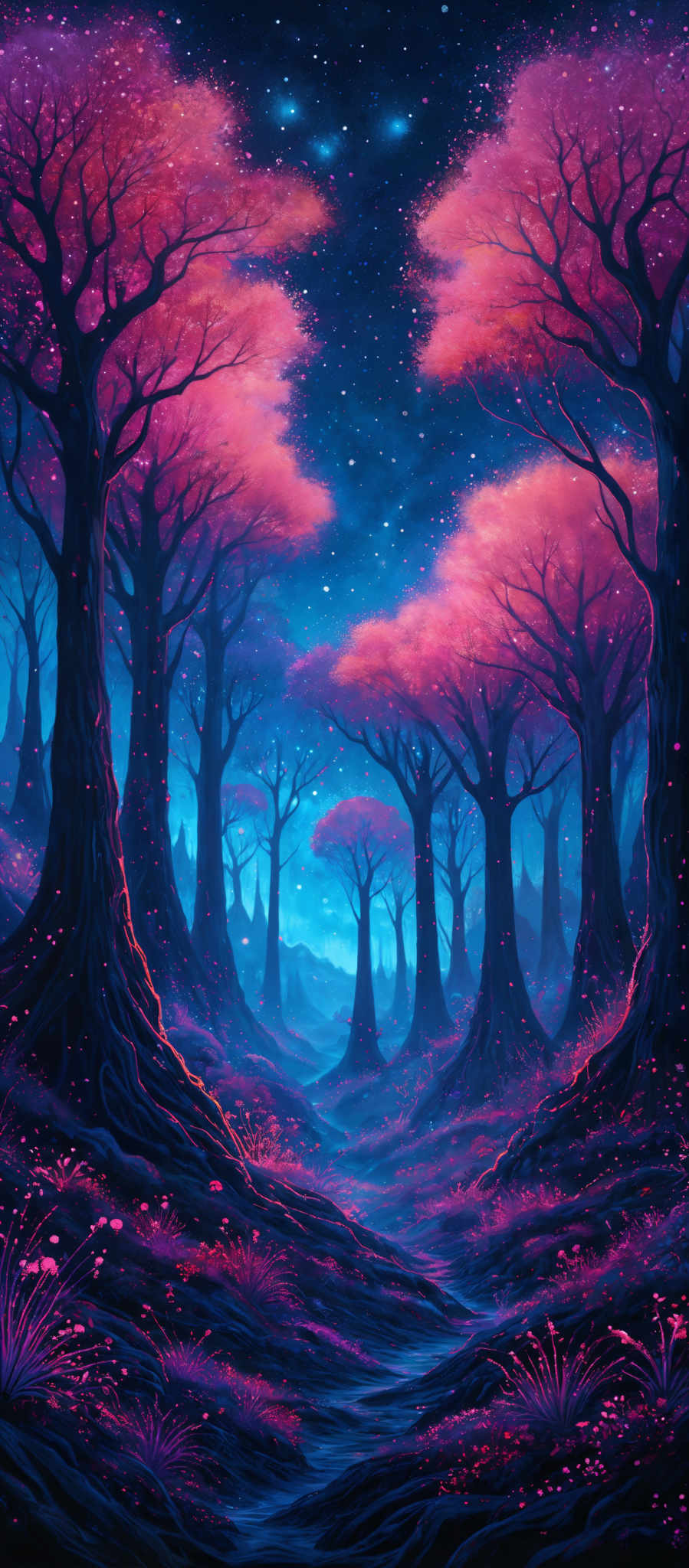 The image showcases a surreal and vibrant forest scene. The dominant colors are shades of blue, pink, and purple. The trees have a unique, almost otherworldly shape with thick trunks and branches that seem to stretch upwards and outwards. The ground is covered in a carpet of pink and purplish flowers, and there's a winding path that leads through the forest. The sky above is a deep blue, dotted with numerous stars, giving the impression of a night setting.