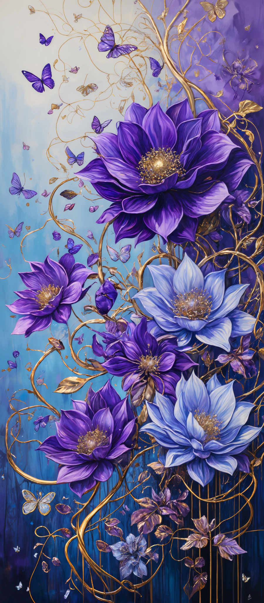 The image showcases a vibrant and colorful depiction of flowers and butterflies. The dominant colors are shades of blue, purple, and gold. The flowers are large, with petals that radiate outward, displaying a mix of deep purple and light blue hues. The center of each flower is golden, with intricate details that resemble a cluster of stamens and pistils. Surrounding the flowers are golden intertwining branches and vines, which seem to support the flora. The background is a gradient of blue and purple shades, giving a dreamy and ethereal feel. The image is also adorned with various butterfly species, each with its unique color and pattern, fluttering around the flowers.