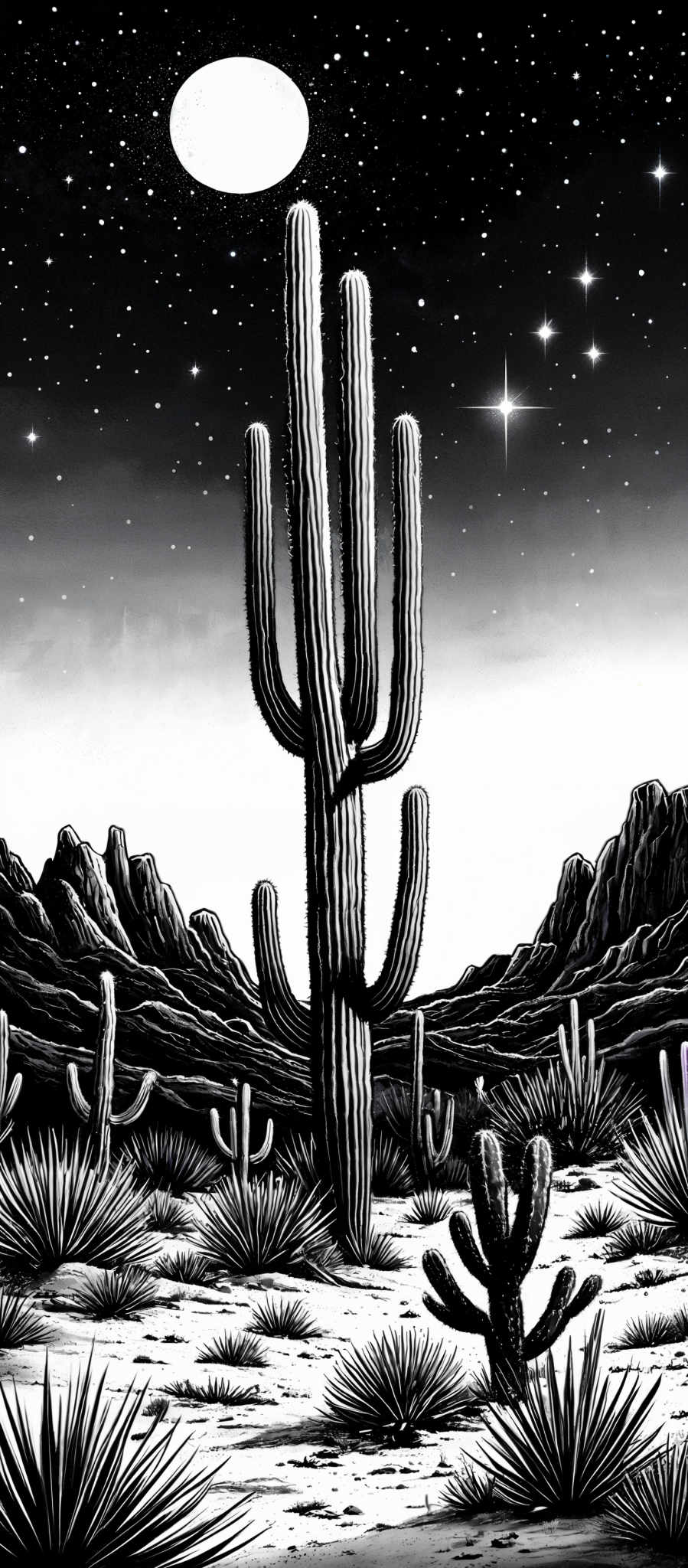 The image is in black and white, showcasing a desert landscape. Dominating the scene is a tall, multi-armed cactus known as a saguaro. The cacti have a cylindrical shape with arms branching out from the main body. The ground is covered with smaller cactuses and desert plants, giving a sense of the arid environment. In the background, there are rocky mountains, and the sky is filled with stars, with a large moon or planet shining brightly.