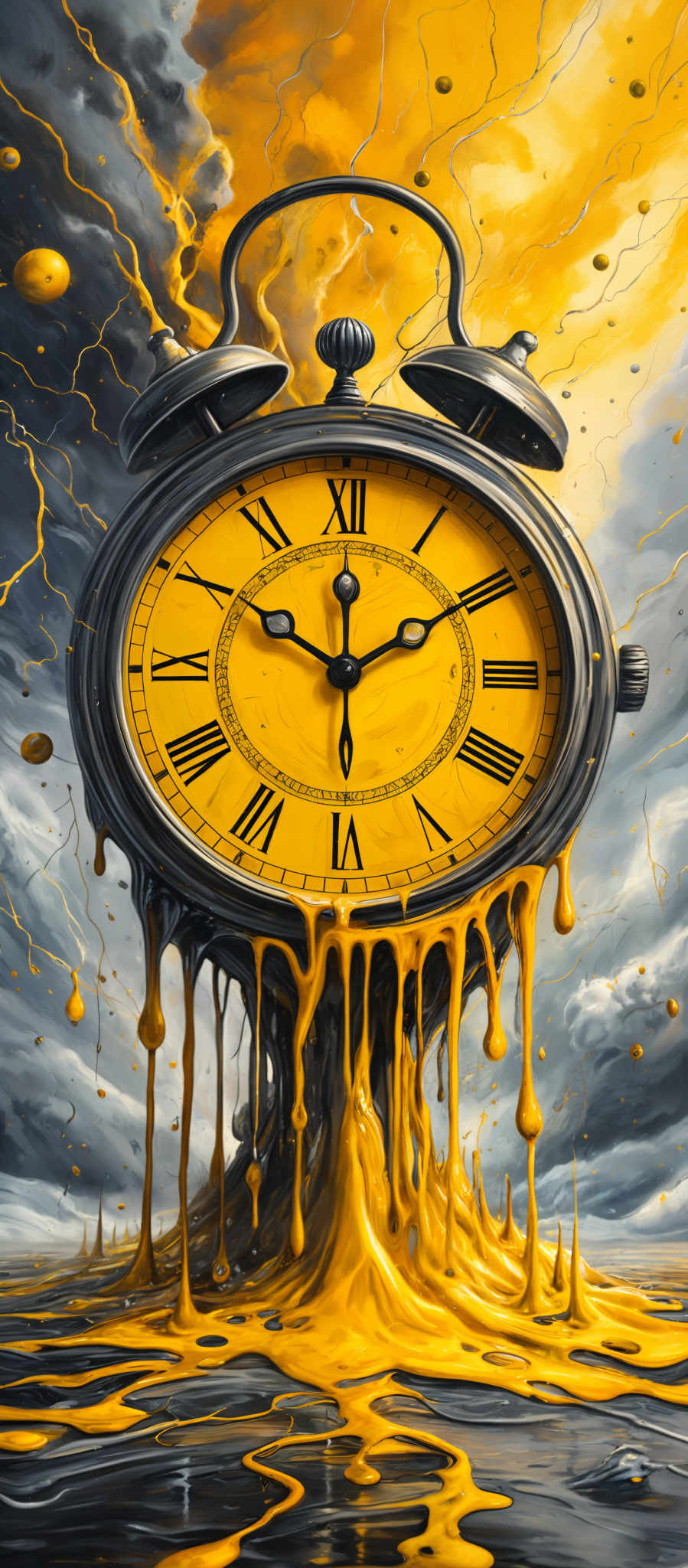 The image showcases a large, surreal clock that appears to be melting or dripping. The clock face is predominantly yellow with black Roman numerals. The hands of the clock are pointing at approximately 10:10. Surrounding the clock, there's a dramatic backdrop of stormy clouds in shades of gray and yellow, with lightning bolts streaking across. The dripping effect of the timepiece gives it a melting appearance, and the golden liquid it's dripping into forms a flowing pattern on the ground.