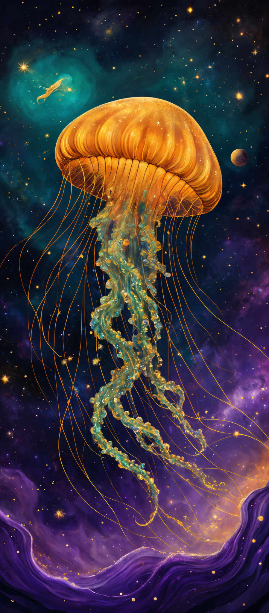 The image showcases a vibrant and mesmerizing scene of a jellyfish floating in a cosmic space. The jelly fish has a translucent, golden-orange hue with delicate, long tentacles that are adorned with shimmering, turquoise-blue details. The background is a deep, dark blue, representing the vastness of space, dotted with twinkling stars and a few planets. There's also a radiant, greenish nebula that adds depth and contrast to the scene. The entire image exudes a sense of wonder and the vast mysteries of the universe.