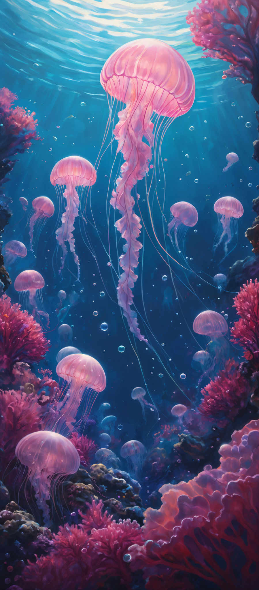 The image showcases an underwater scene dominated by vibrant hues of blue and pink. The jellyfish, which are the primary subjects, are translucent with a luminescent pink glow. They have long, delicate tentacles that flow gracefully in the water. The surrounding environment is adorned with coral formations in various shades of pink and red, creating a mesmerizing contrast against the deep blue backdrop of the ocean. Bubbles of varying sizes float in the scene, adding to the ethereal ambiance.