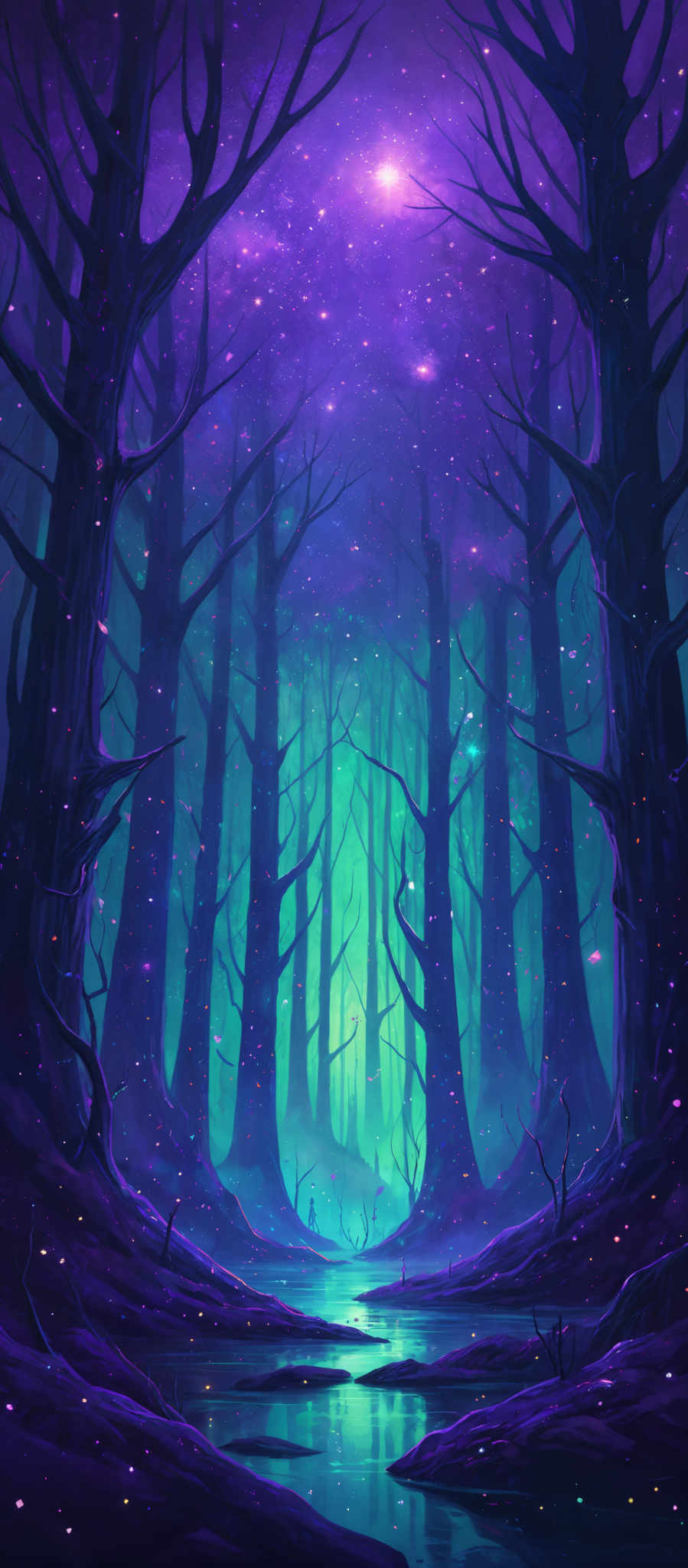 The image showcases a mystical forest with tall, slender trees that have intricate and twisted branches. The forest is enveloped in a deep purple and blue hue, giving it an ethereal and otherworldly feel. The sky above is filled with a myriad of stars, and there's a soft glow that seems to emanate from the center of the forest, casting a gentle light on the surroundings. The ground is wet, reflecting the colors of the sky, and is scattered with small, glowing objects that resemble fireflies or magical entities.