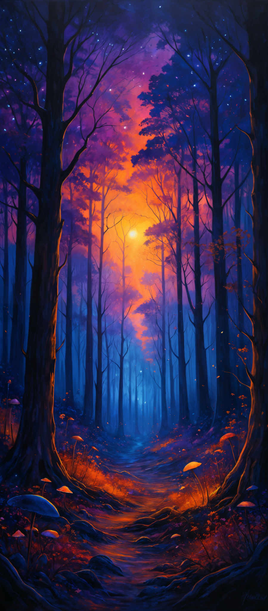 The image showcases a vibrant and surreal forest scene during what appears to be either dawn or dusk. The sky is painted in hues of purple, pink, and orange, with a few scattered white stars. The forest is dense with tall, slender trees whose trunks are dark and prominent. The ground is covered with fallen leaves, mushrooms, and a few flowers. A winding pathway is visible, leading deeper into the forest, and it is illuminated by a soft, golden light. The overall ambiance of the image is mystical and dreamy.