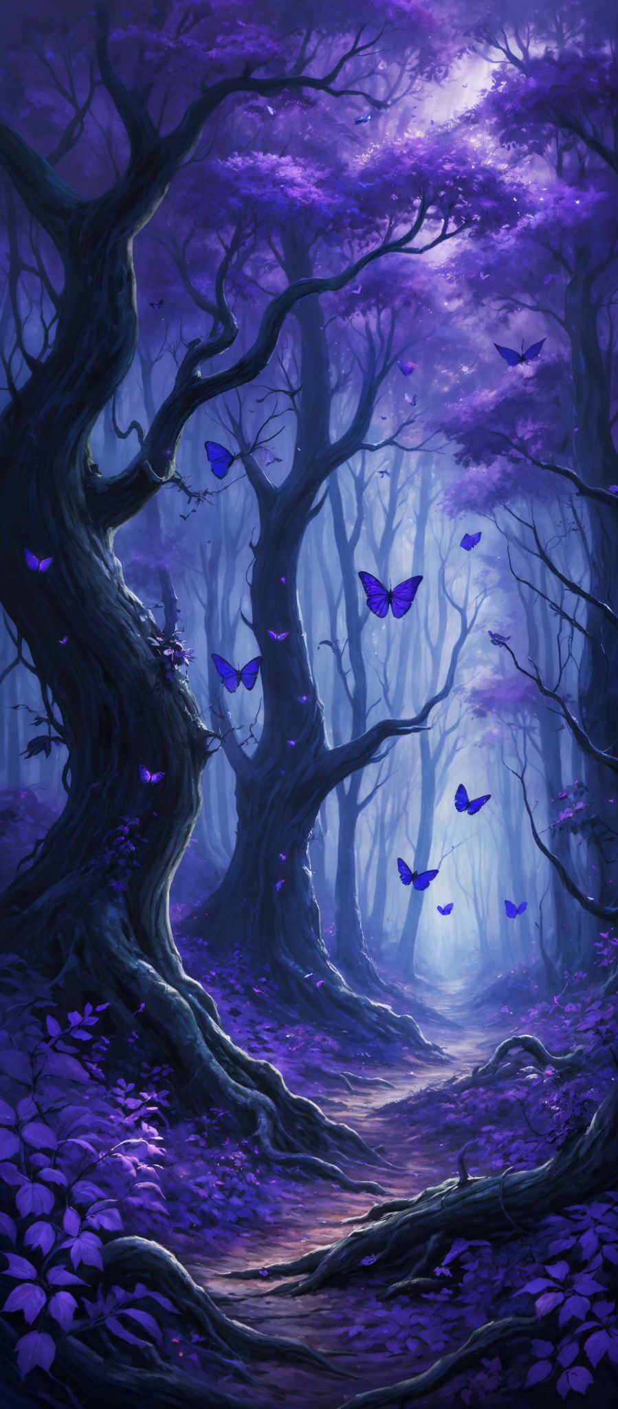 The image showcases a mystical forest with twisted and gnarled trees. The predominant color is a shade of purple, which covers the trees, the ground, and the butterflies. The trees have a dark, almost black hue with intricate branches that stretch out in various directions. The ground is covered in purple leaves and petals, creating a carpet-like appearance. The scene is illuminated by a soft, ethereal light that filters through the trees from the background, casting a gentle glow on the scene.